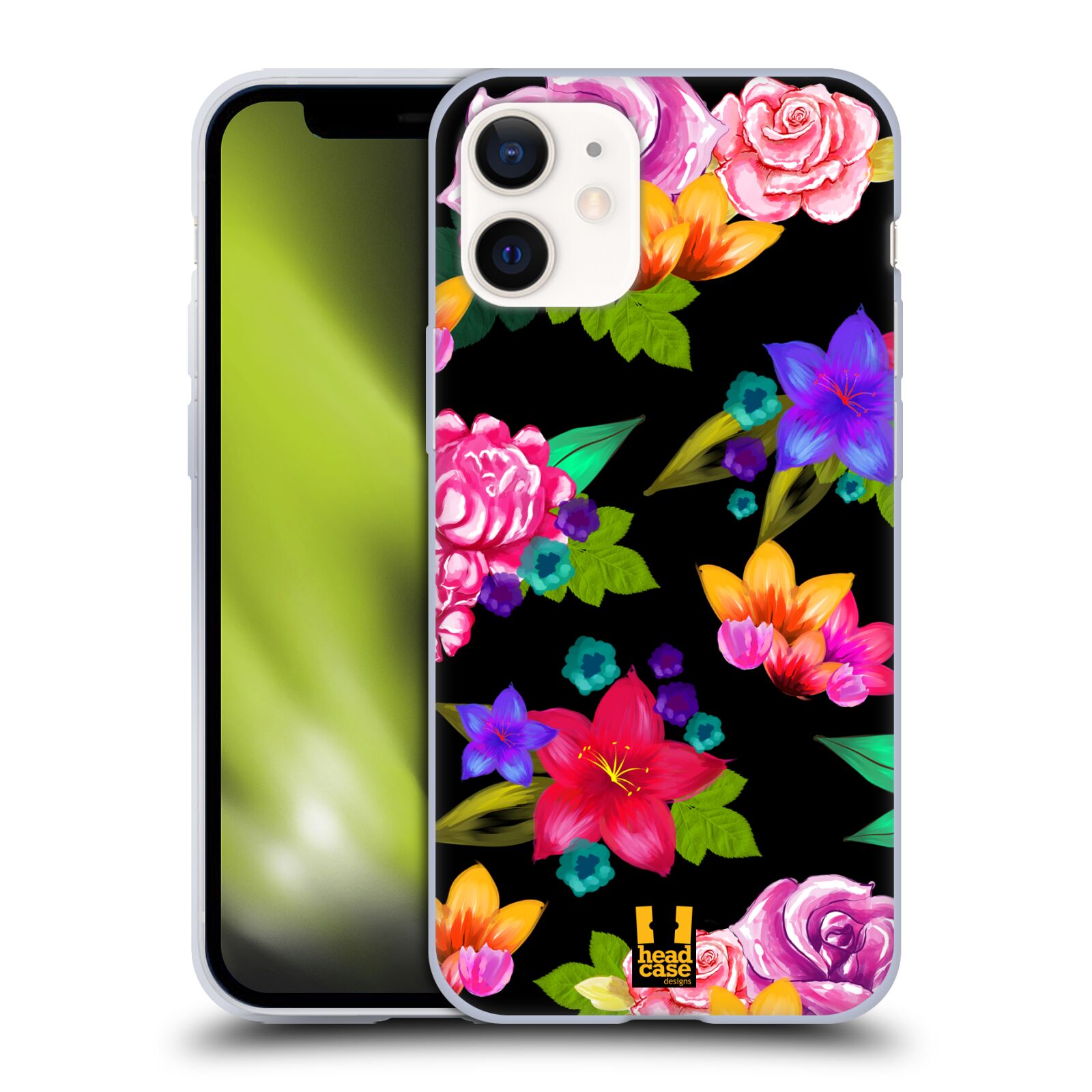 Plastový obal na mobil Apple Iphone 12 MINI vzor Malované květiny barevné ČERNÁ