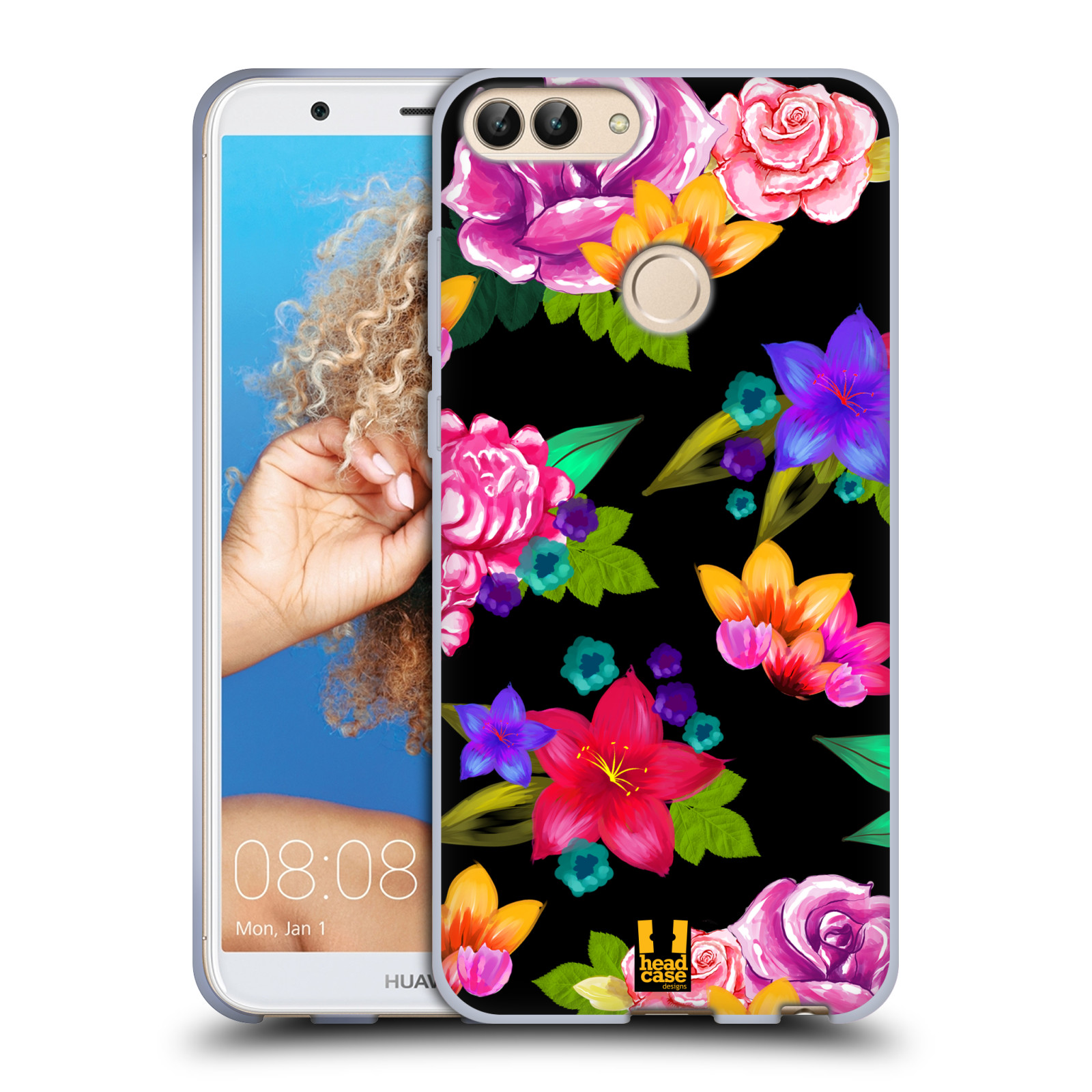 HEAD CASE silikon obal na mobil Huawei P SMART vzor Malované květiny barevné ČERNÁ