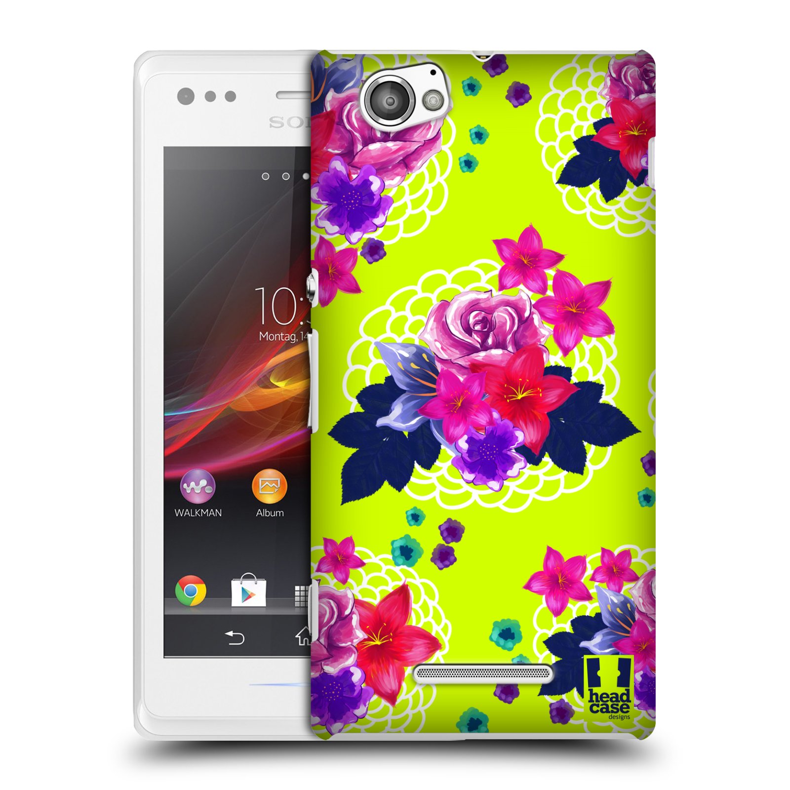 HEAD CASE plastový obal na mobil Sony Xperia M vzor Malované květiny barevné NEON ZELENÁ