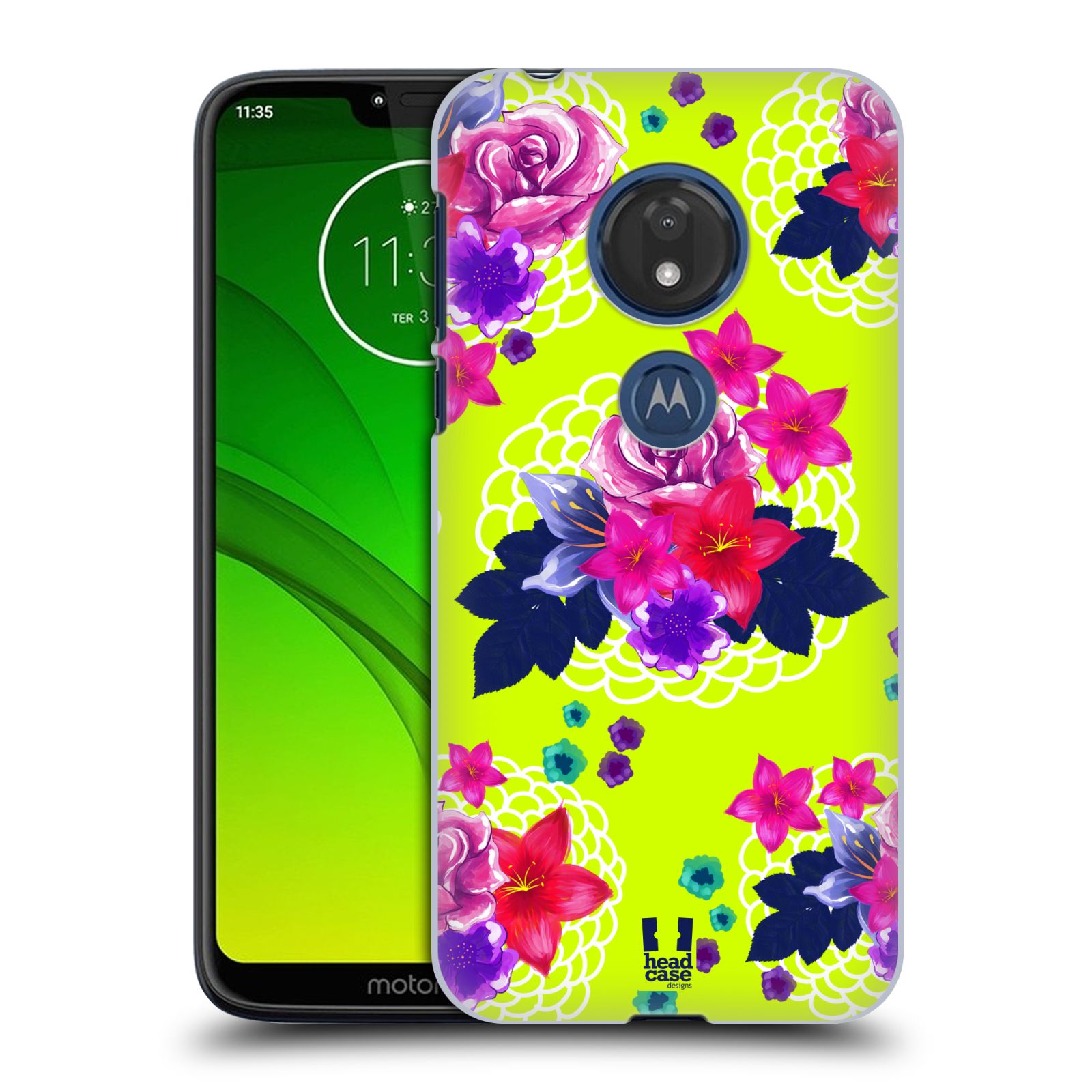 Pouzdro na mobil Motorola Moto G7 Play vzor Malované květiny barevné NEON ZELENÁ