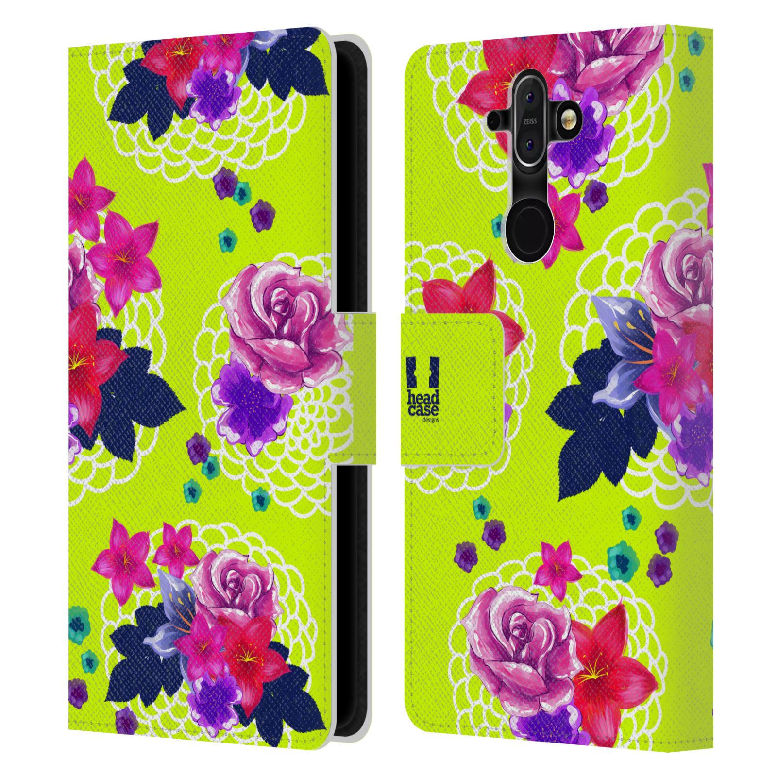 HEAD CASE Flipové pouzdro pro mobil Nokia 8 SIROCCO barevné kreslené květiny zářivě zelená