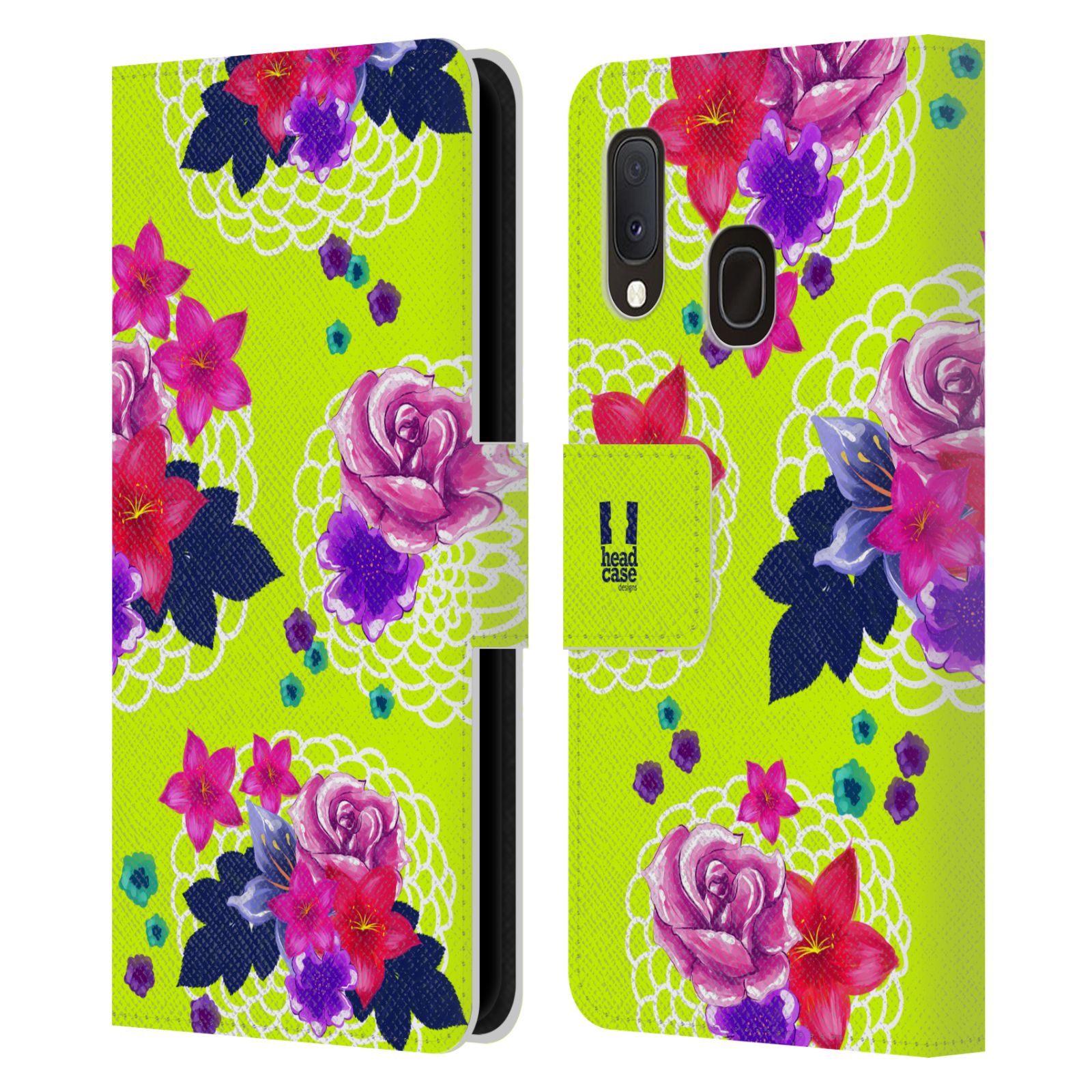Pouzdro na mobil Samsung Galaxy A20e barevné kreslené květiny zářivě zelená