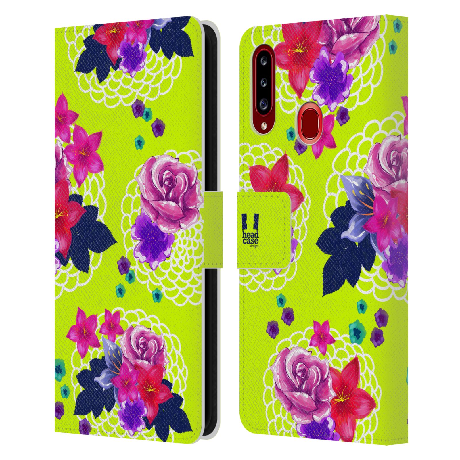 HEAD CASE Flipové pouzdro pro mobil Samsung Galaxy A20s barevné kreslené květiny zářivě zelená