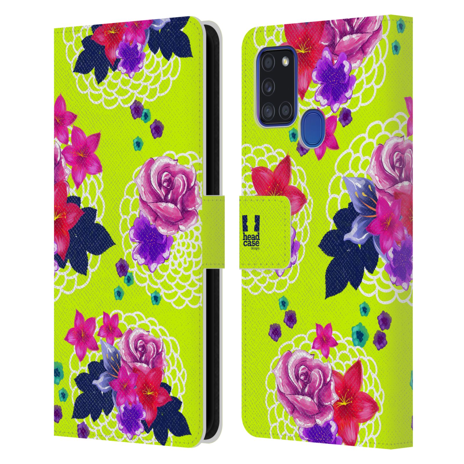 HEAD CASE Flipové pouzdro pro mobil Samsung Galaxy A21s barevné kreslené květiny zářivě zelená