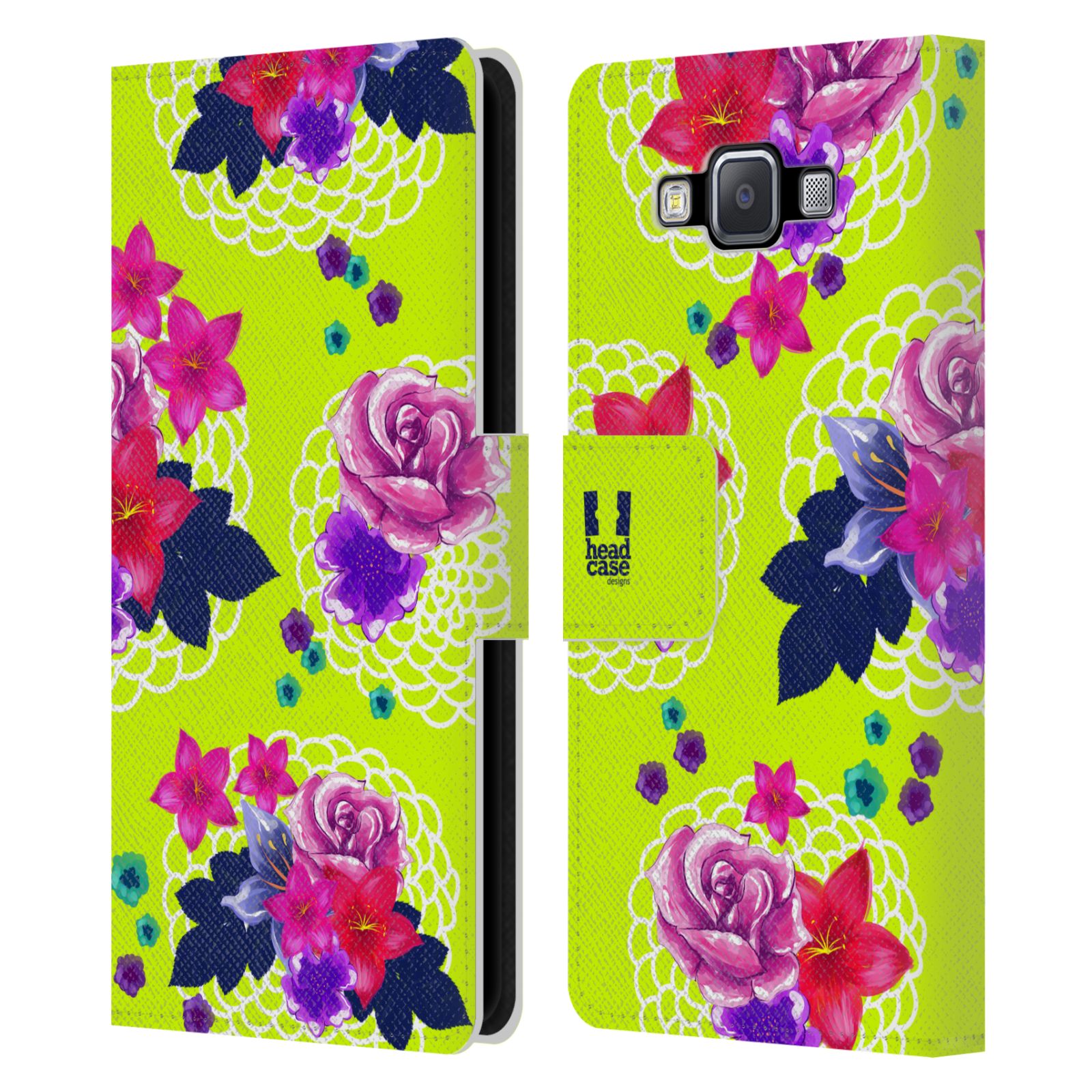 HEAD CASE Flipové pouzdro pro mobil Samsung Galaxy A5 barevné kreslené květiny zářivě zelená