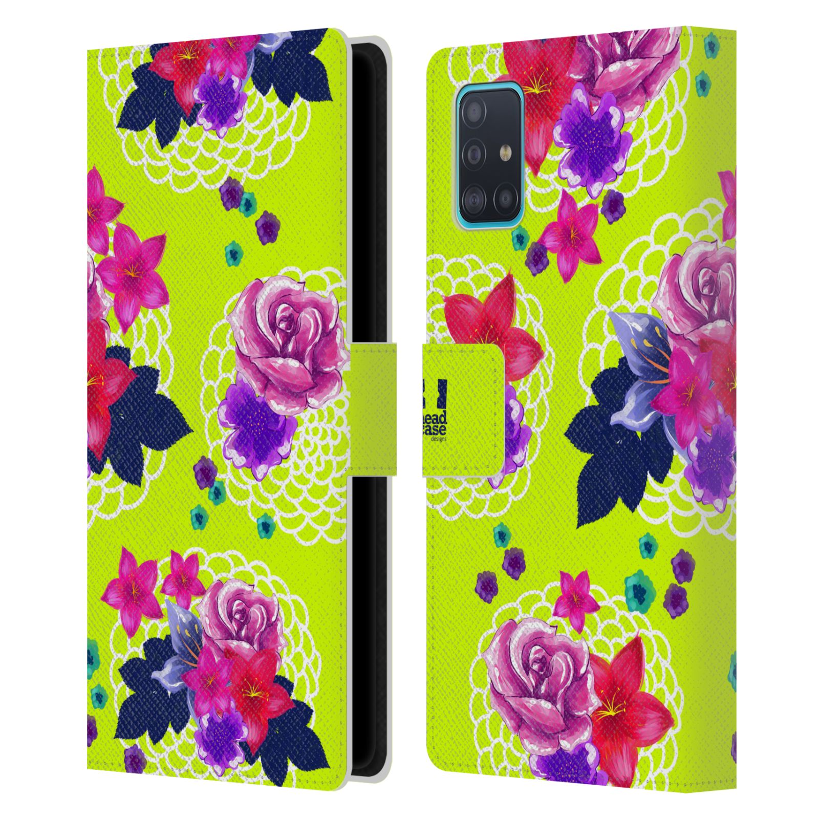 Pouzdro na mobil Samsung Galaxy A51 (A515F) barevné kreslené květiny zářivě zelená