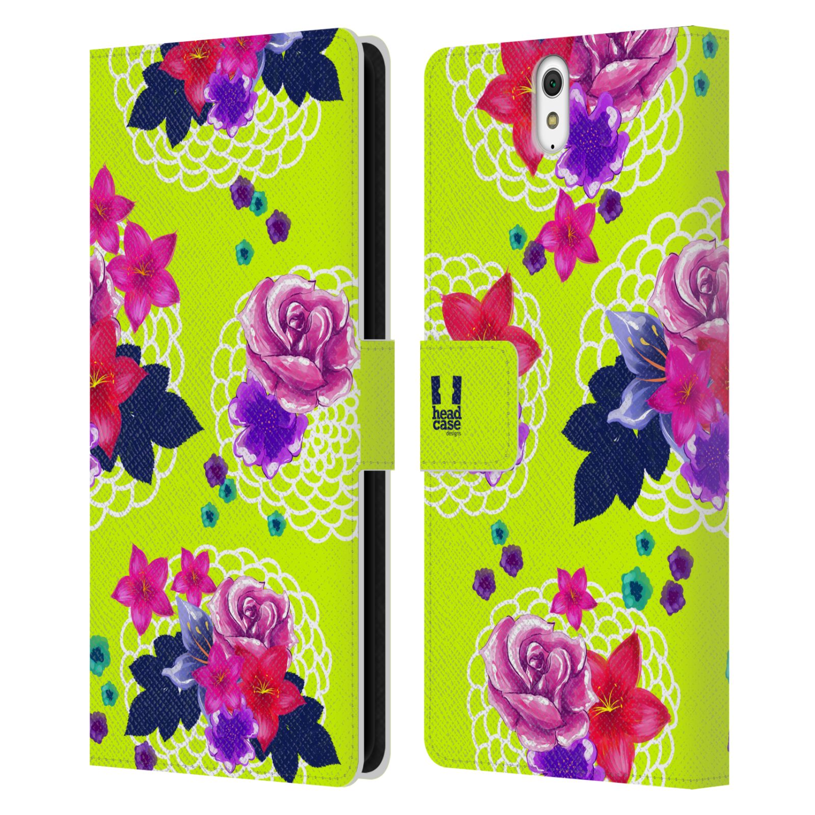 HEAD CASE Flipové pouzdro pro mobil SONY XPERIA C5 Ultra barevné kreslené květiny zářivě zelená