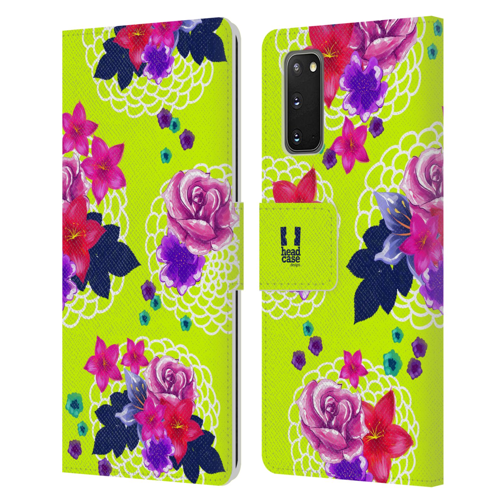 Pouzdro na mobil Samsung Galaxy S20 barevné kreslené květiny zářivě zelená