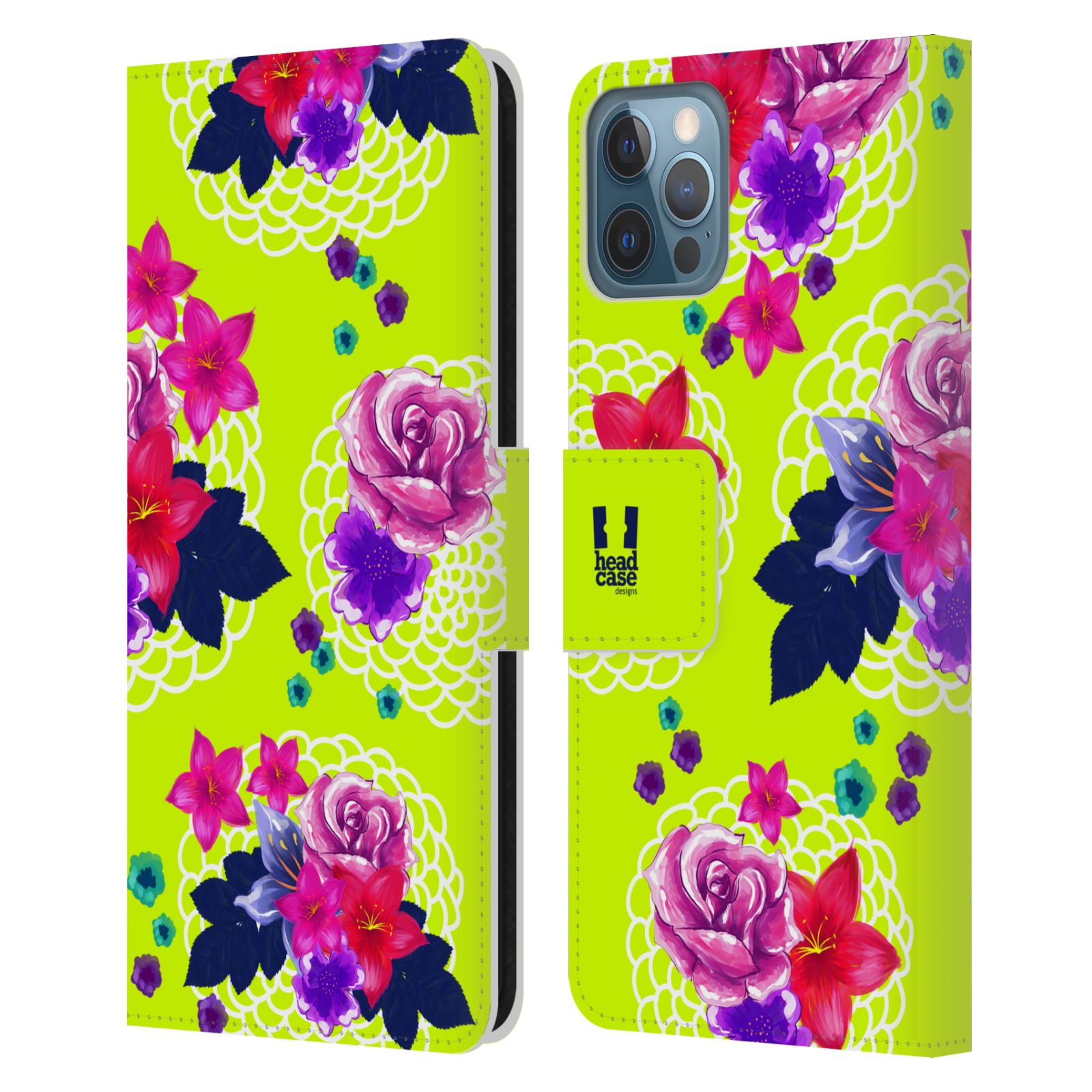 HEAD CASE Flipové pouzdro pro mobil Apple Iphone 12 / Iphone 12 PRO barevné kreslené květiny zářivě zelená