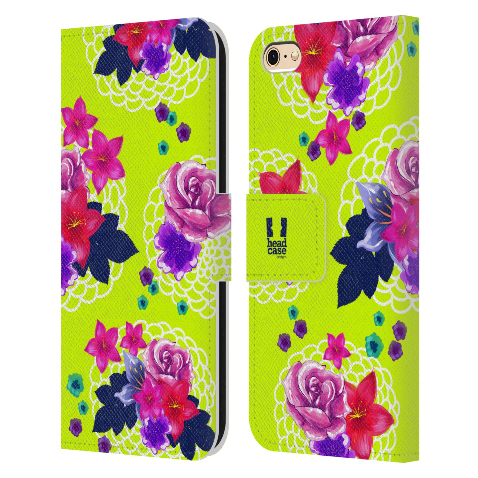 HEAD CASE Flipové pouzdro pro mobil Apple Iphone 6/6s barevné kreslené květiny zářivě zelená