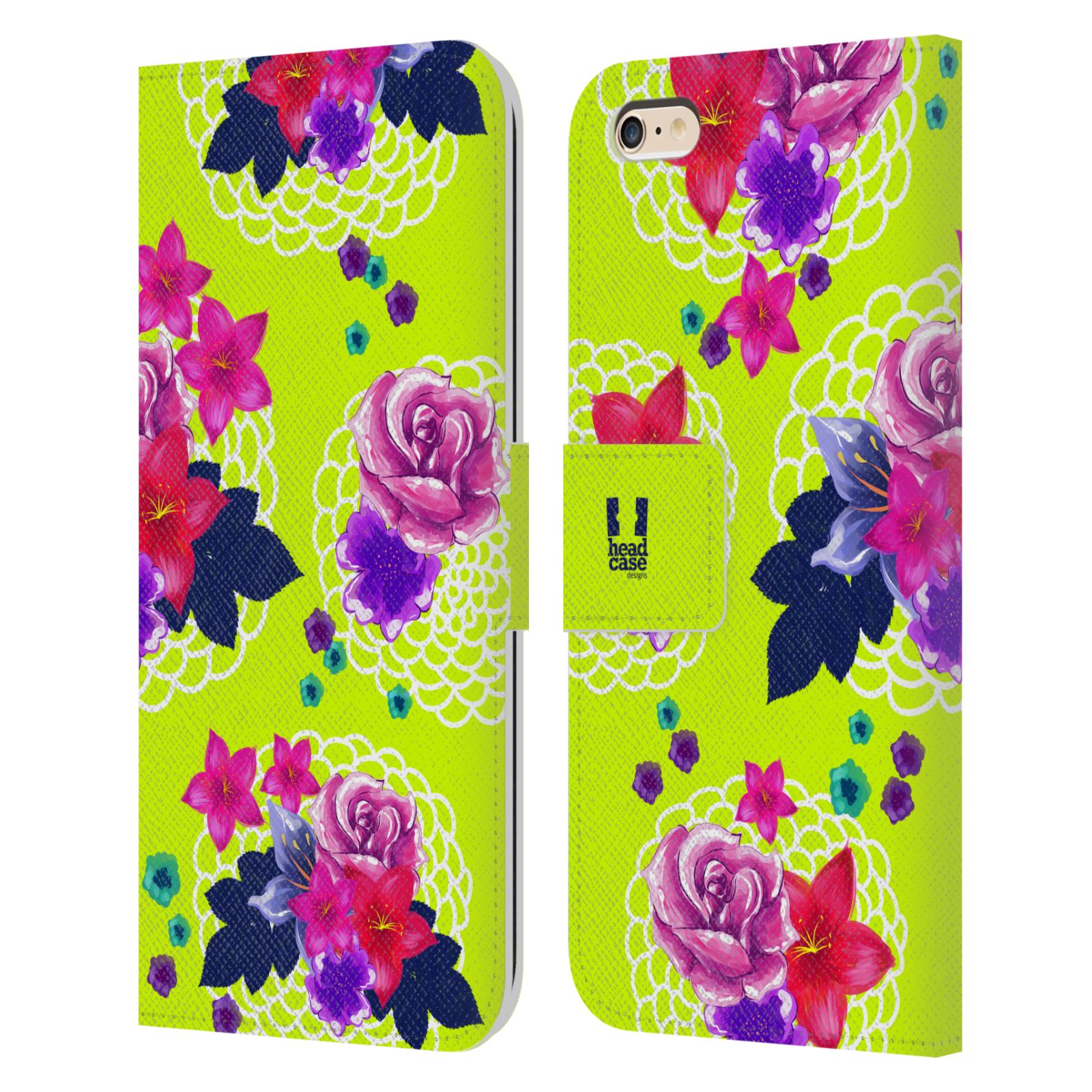 HEAD CASE Flipové pouzdro pro mobil Apple Iphone 6 PLUS / 6S PLUS barevné kreslené květiny zářivě zelená