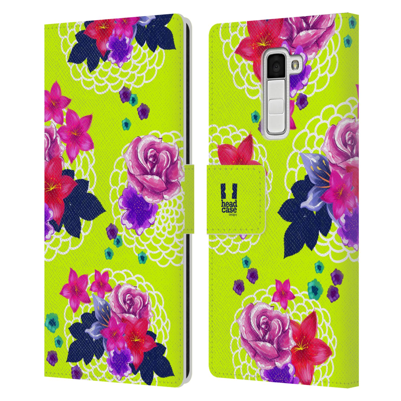 HEAD CASE Flipové pouzdro pro mobil LG K10 barevné kreslené květiny zářivě zelená
