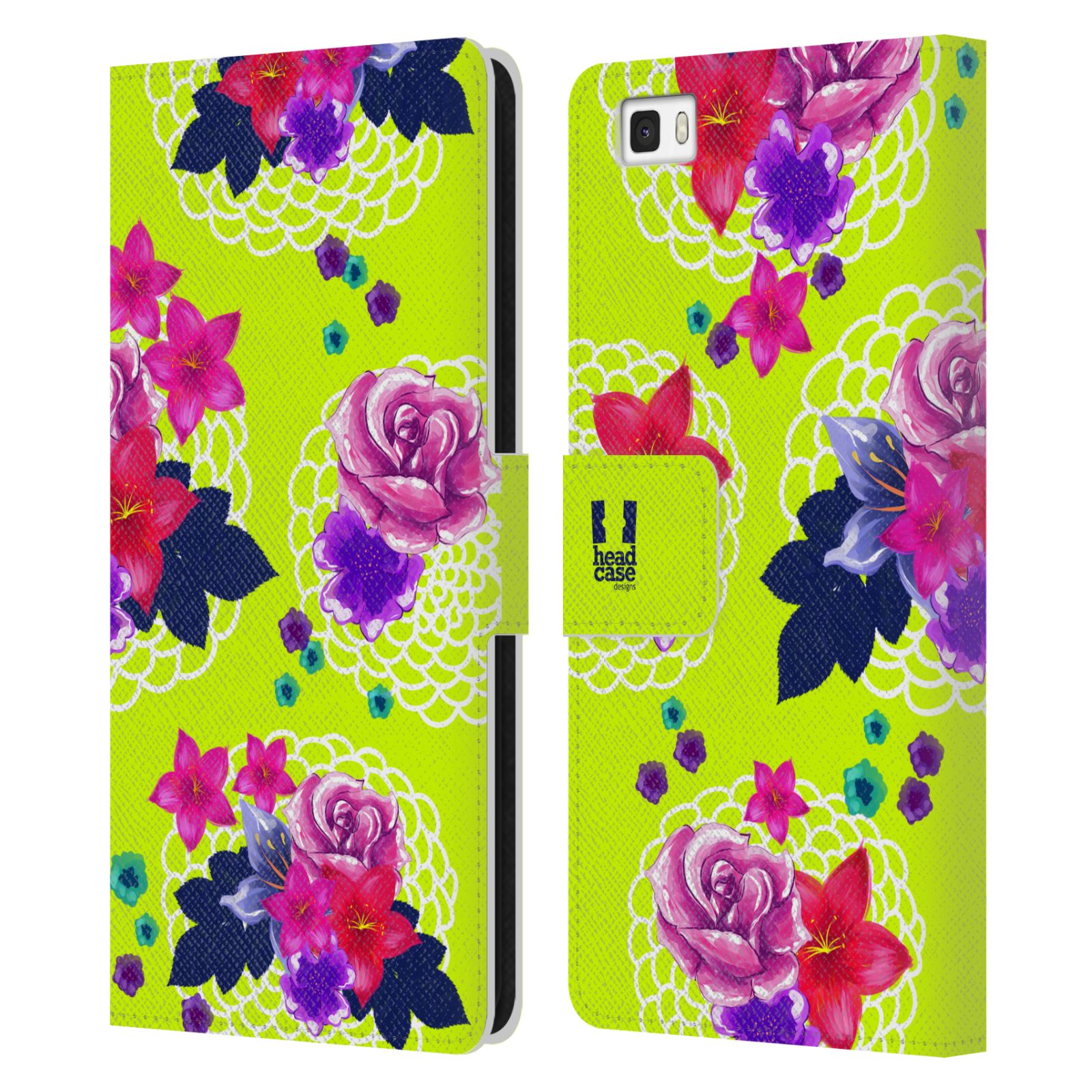 HEAD CASE Flipové pouzdro pro mobil Huawei P8 LITE barevné kreslené květiny zářivě zelená