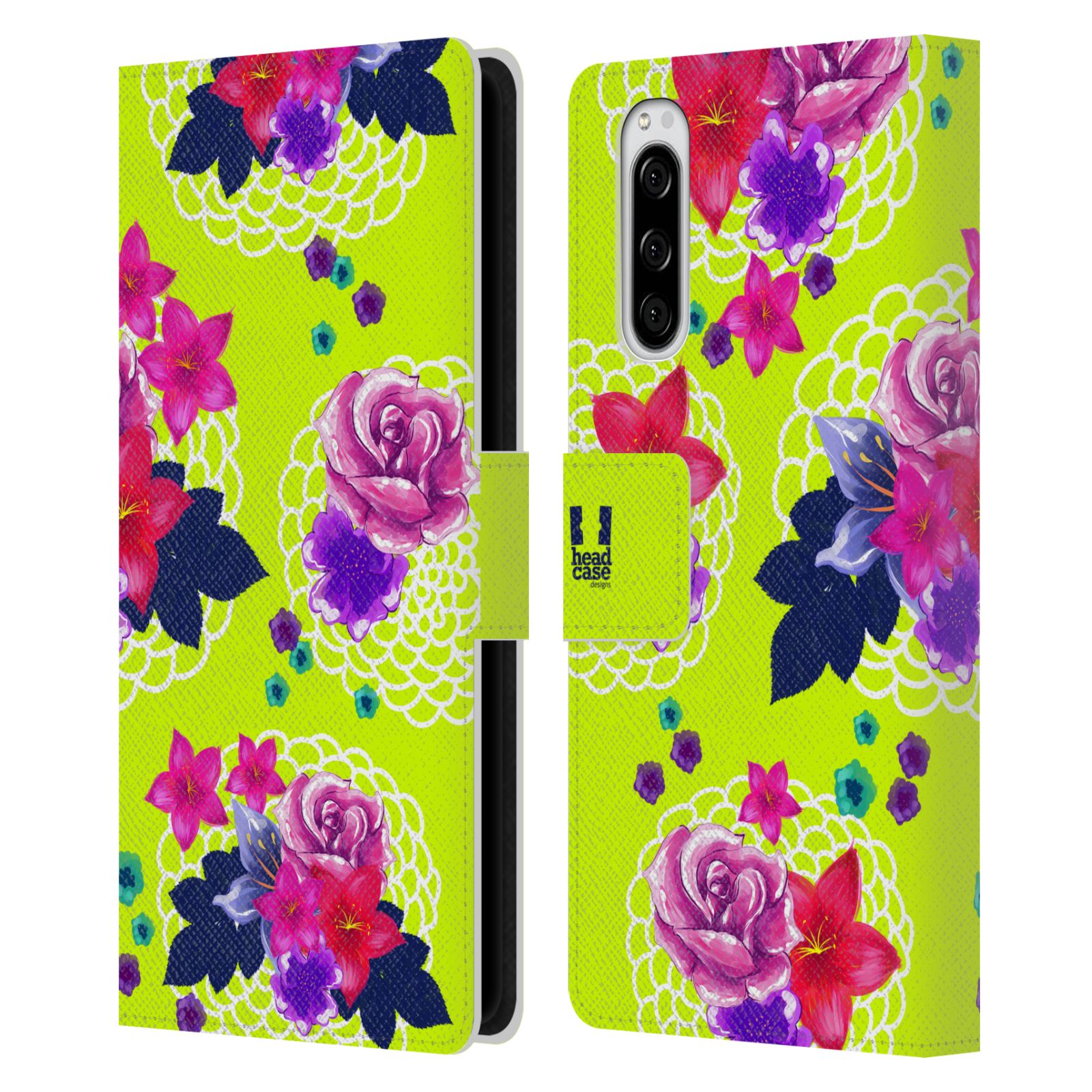 Pouzdro na mobil Sony Xperia 5 barevné kreslené květiny zářivě zelená