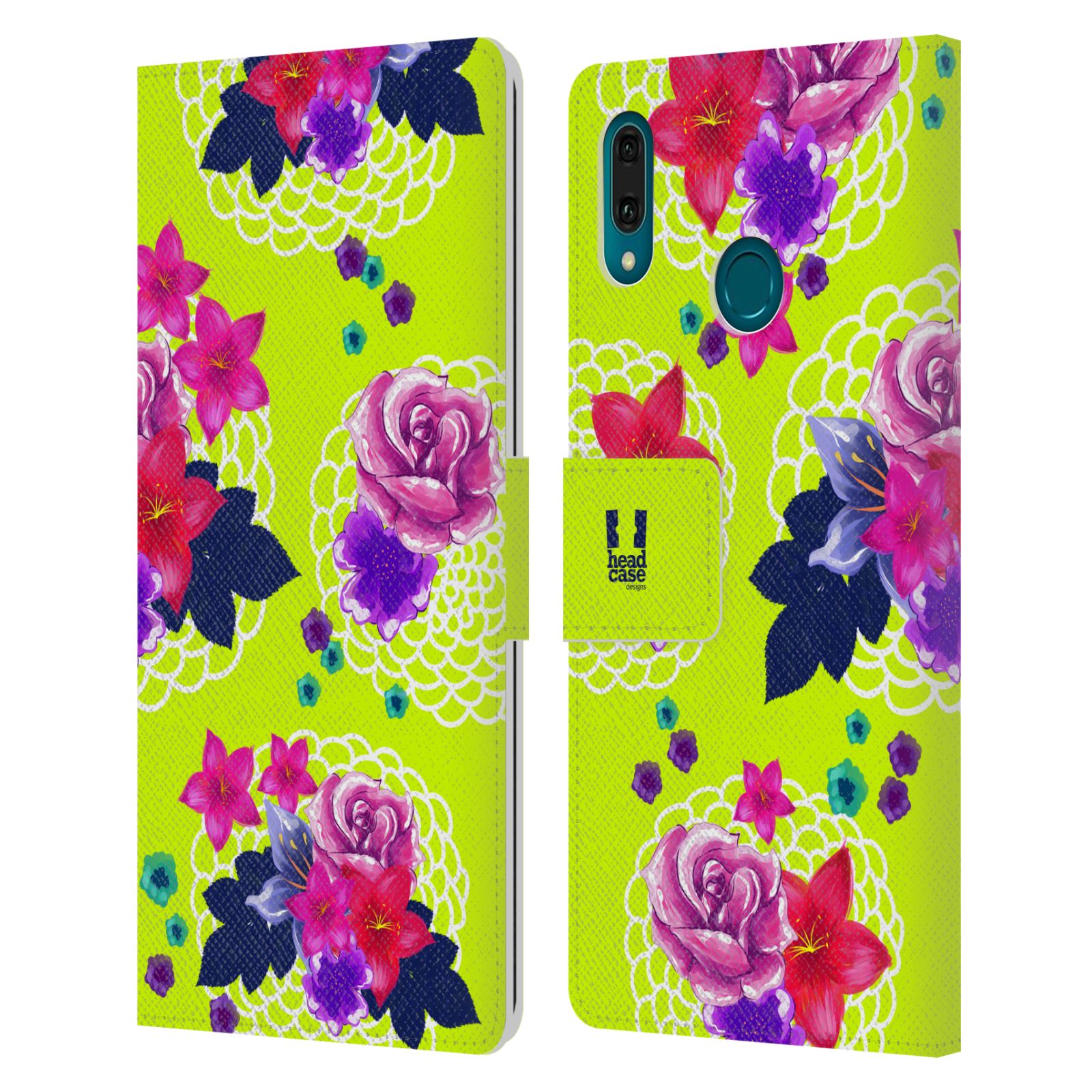 Pouzdro na mobil Huawei Y9 2019 barevné kreslené květiny zářivě zelená