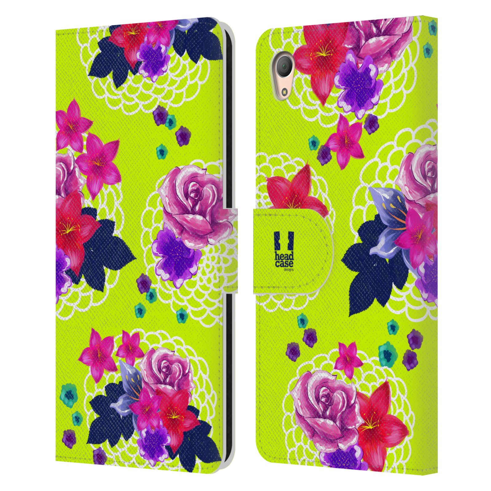 HEAD CASE Flipové pouzdro pro mobil SONY XPERIA Z3+ (PLUS) barevné kreslené květiny zářivě zelená