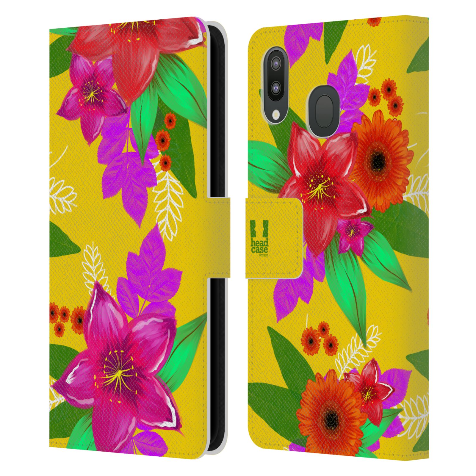 Pouzdro na mobil Samsung Galaxy M20 barevné kreslené květiny žlutá