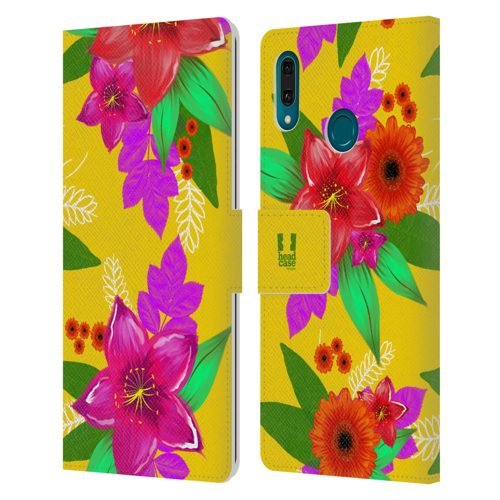 Pouzdro na mobil Huawei Y9 2019 barevné kreslené květiny žlutá