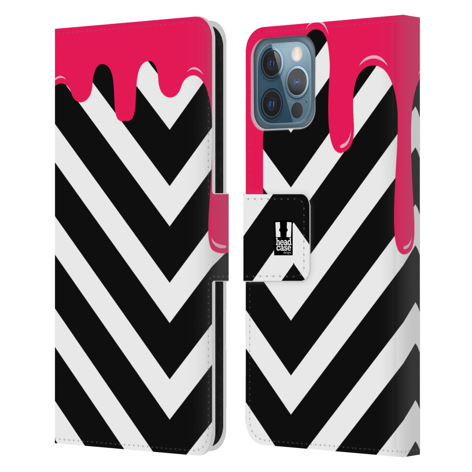 HEAD CASE Flipové pouzdro pro mobil Apple Iphone 12 / Iphone 12 PRO záplava barev a tvary růžová a černá pruhy