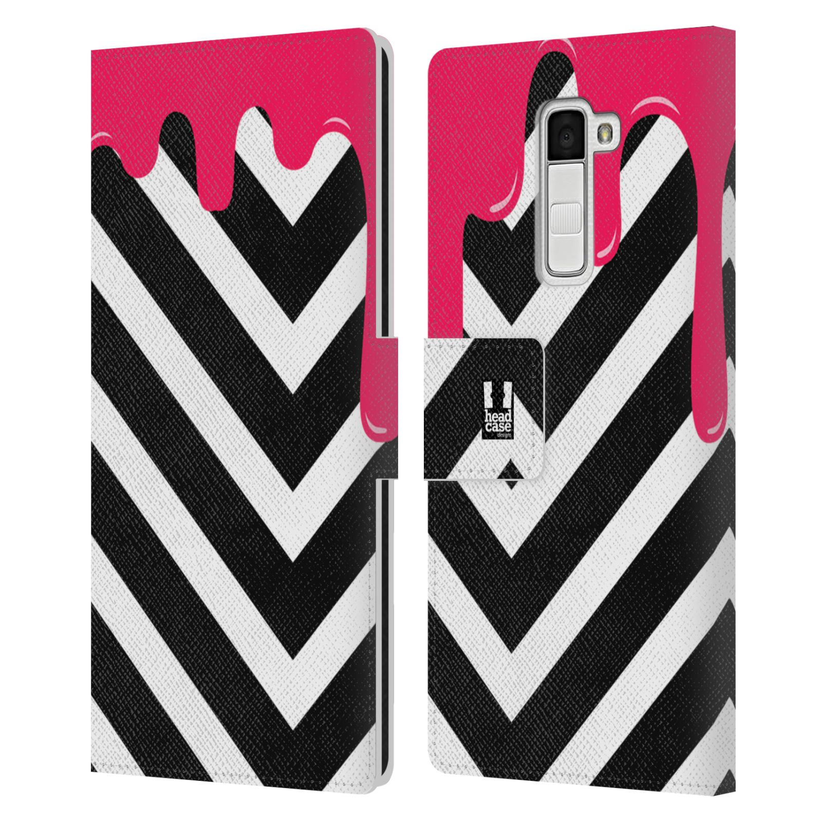 HEAD CASE Flipové pouzdro pro mobil LG K10 záplava barev a tvary růžová a černá pruhy