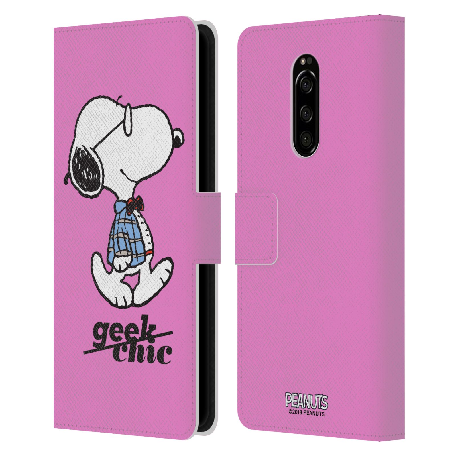 Pouzdro na mobil Sony Xperia 1 - Head Case - Peanuts - růžový pejsek snoopy nerd