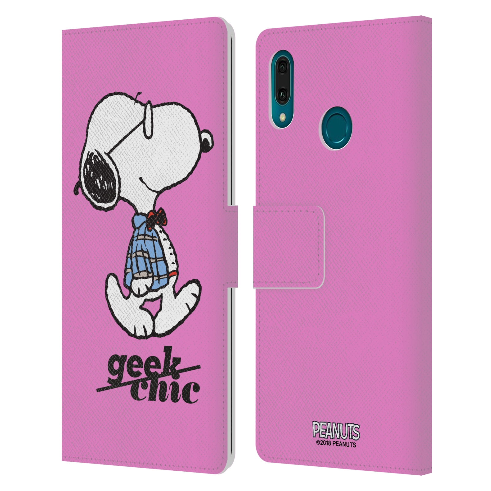 Pouzdro na mobil Huawei Y9 2019 - Head Case - Peanuts - růžový pejsek snoopy nerd
