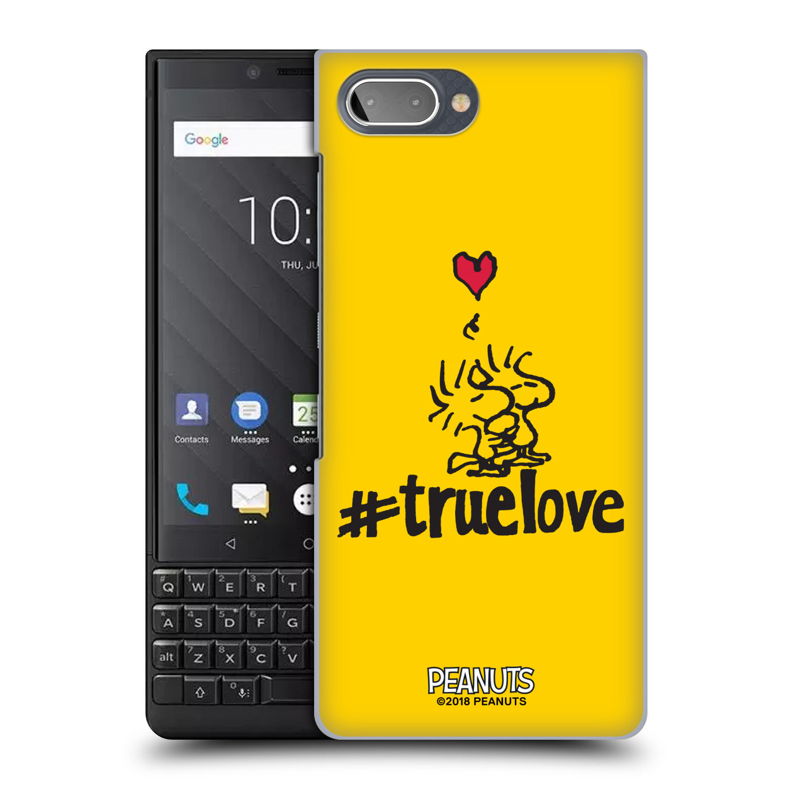Pouzdro na mobil Blackberry KEY 2 Oficiální motiv Peanuts ptáčci žlutá barva srdíčko