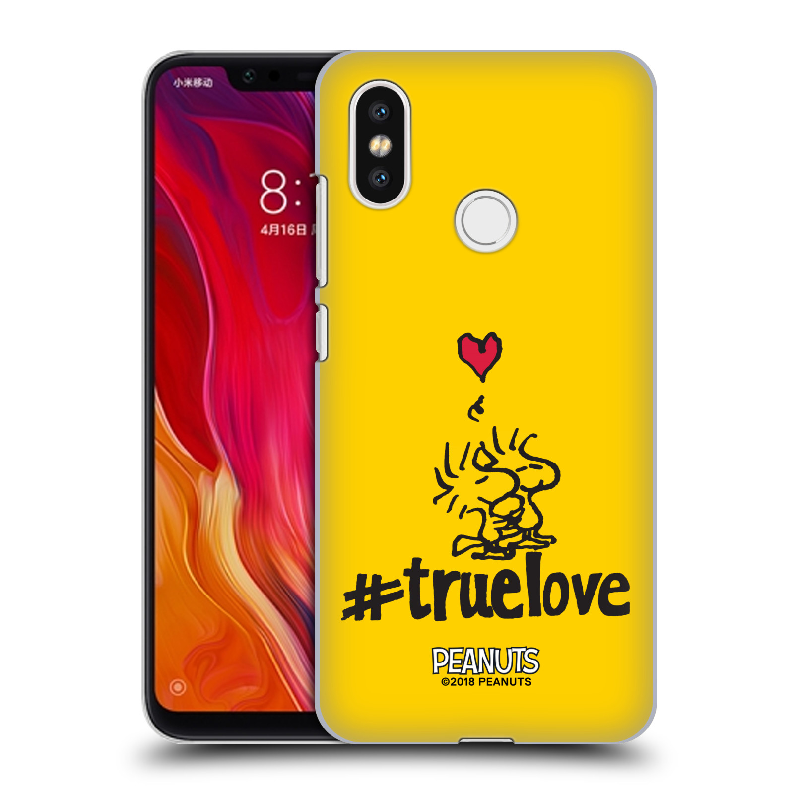 Pouzdro na mobil Xiaomi  Mi 8 Oficiální motiv Peanuts ptáčci žlutá barva srdíčko