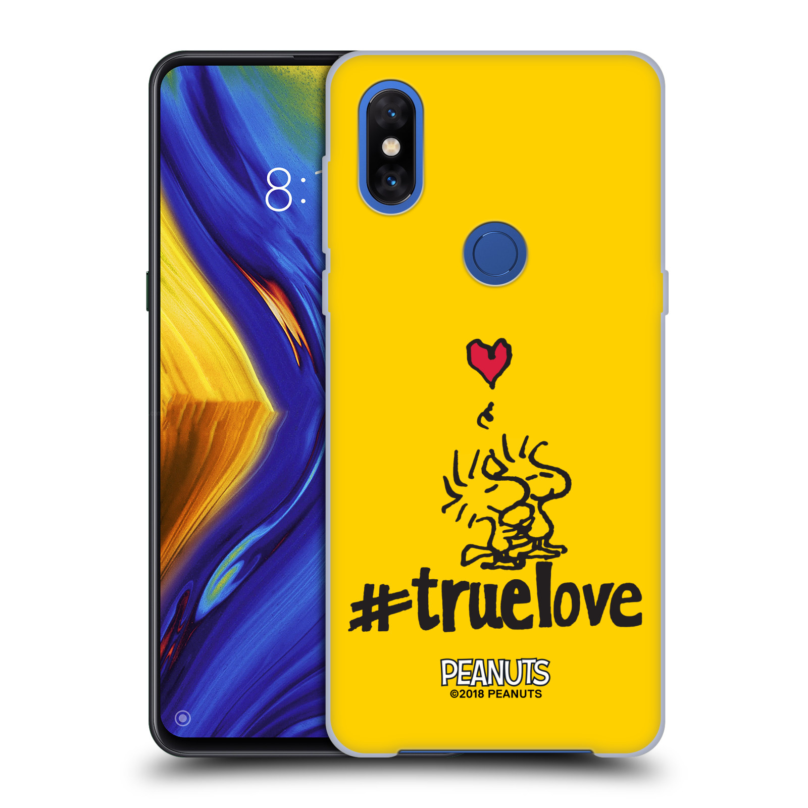 Pouzdro na mobil Xiaomi Mi Mix 3 Oficiální motiv Peanuts ptáčci žlutá barva srdíčko