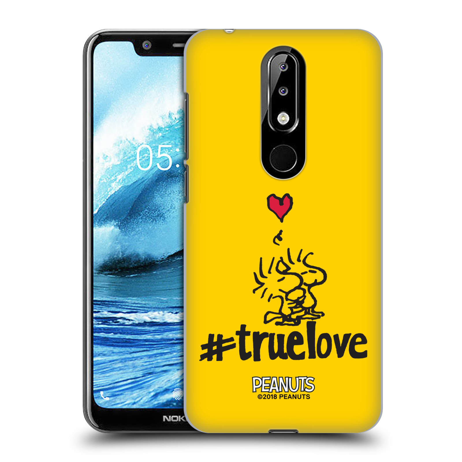Pouzdro na mobil Nokia 5.1 PLUS Oficiální motiv Peanuts ptáčci žlutá barva srdíčko