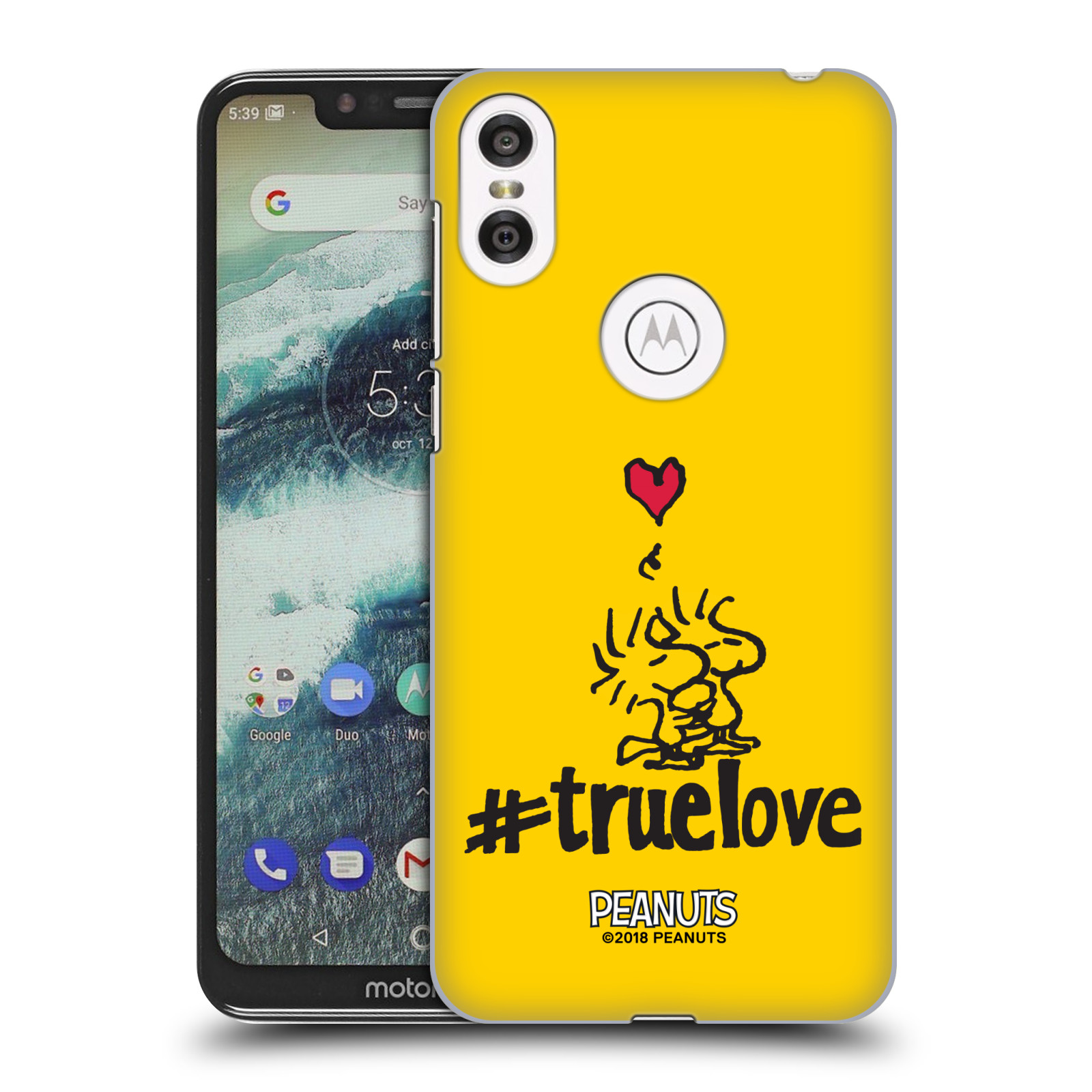 Pouzdro na mobil Motorola Moto ONE Oficiální motiv Peanuts ptáčci žlutá barva srdíčko