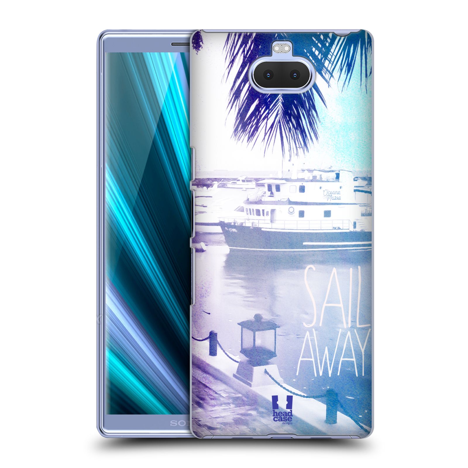 Pouzdro na mobil Sony Xperia 10 - Head Case - vzor Pozitivní vlny MODRÁ, přístav s loděmi SAIL AWAY