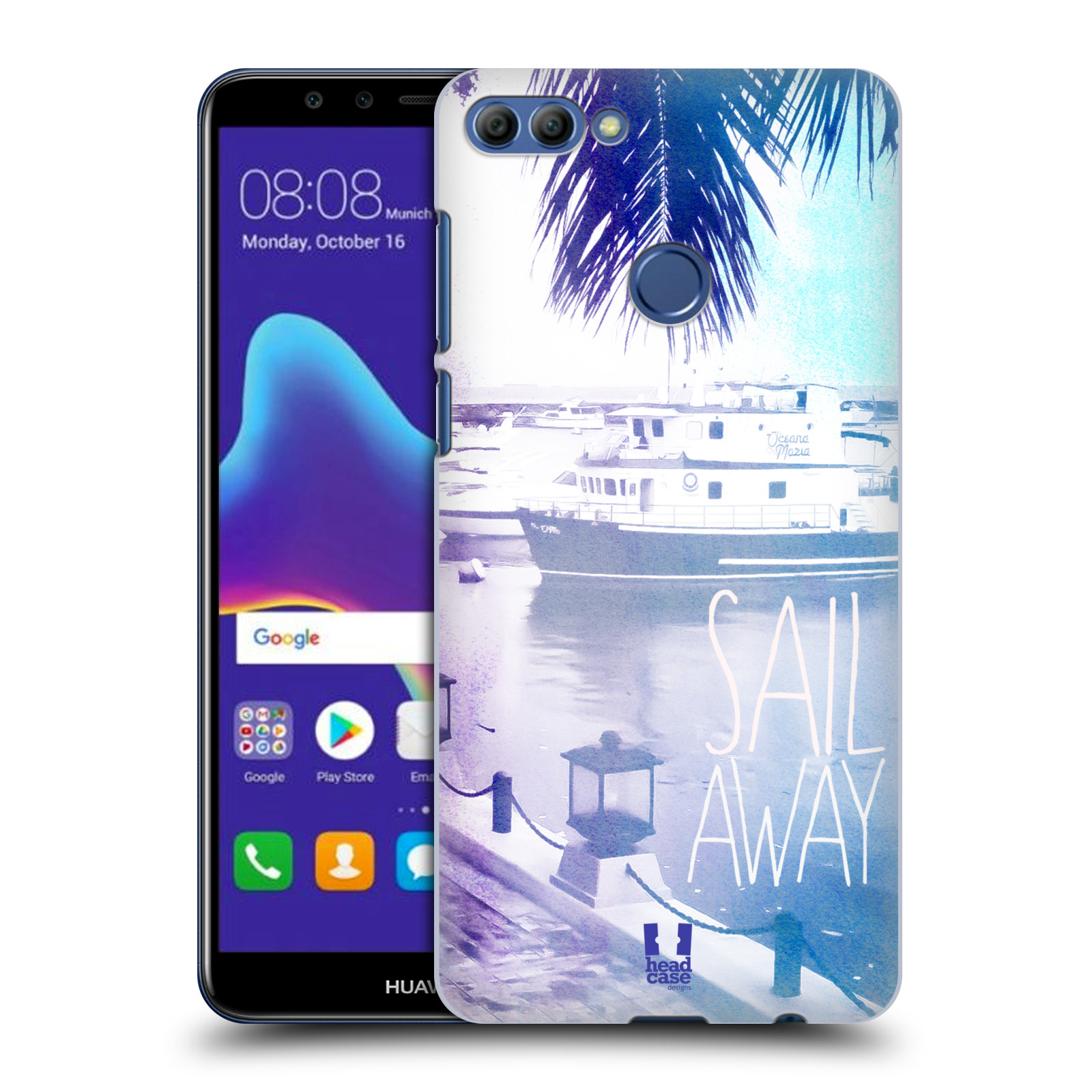 HEAD CASE plastový obal na mobil Huawei Y9 2018 vzor Pozitivní vlny MODRÁ, přístav s loděmi SAIL AWAY