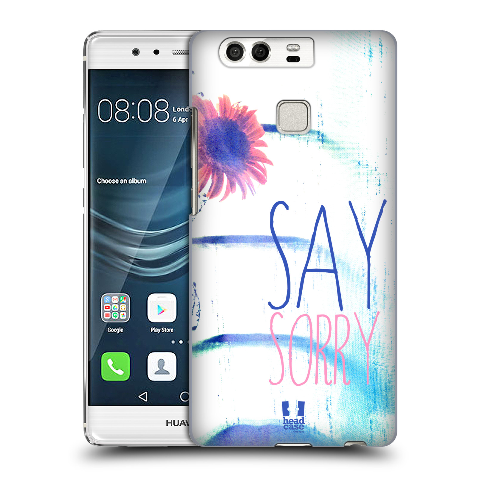 HEAD CASE plastový obal na mobil Huawei P9 / P9 DUAL SIM vzor Pozitivní vlny MODRÁ, růžová květina SAY SORRY
