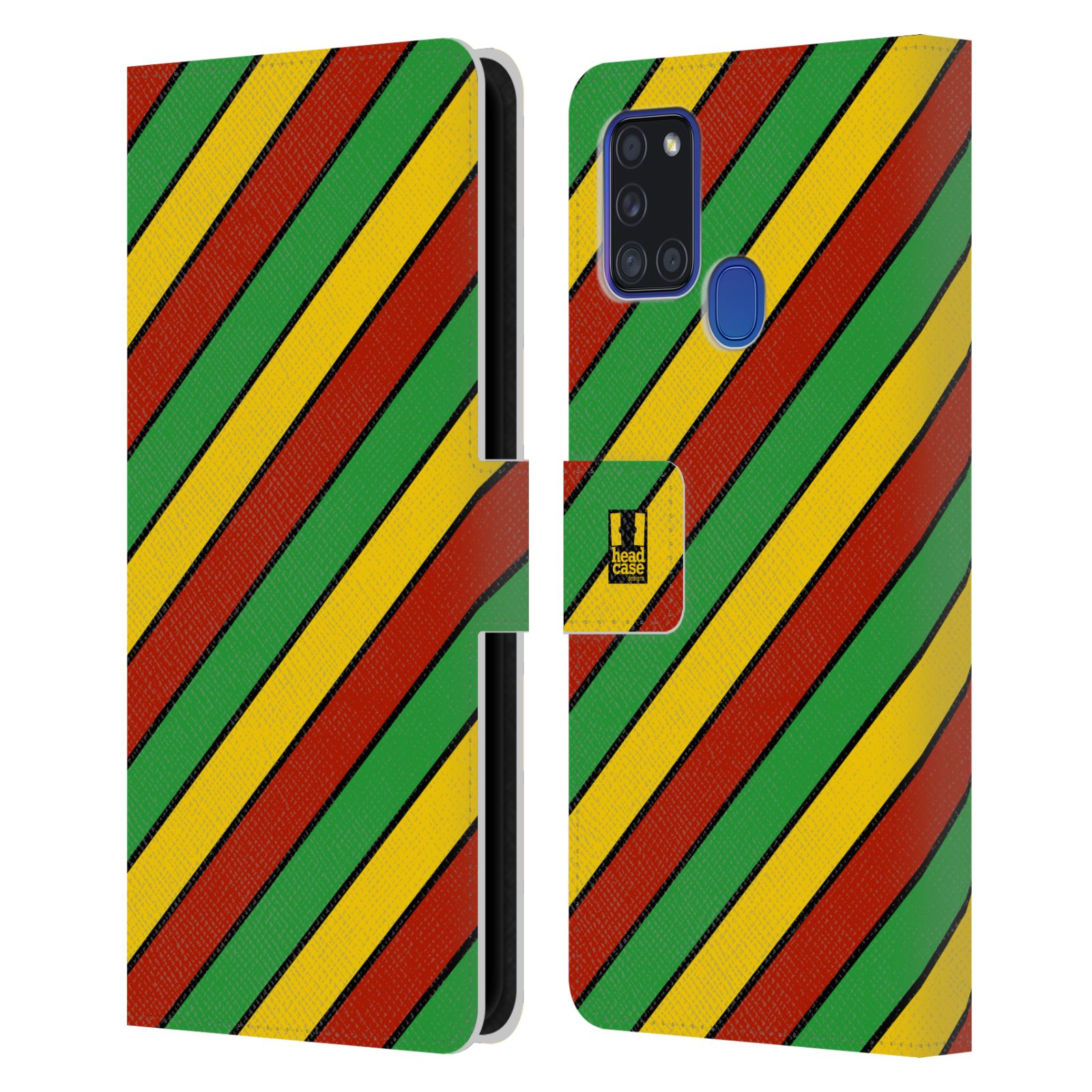HEAD CASE Flipové pouzdro pro mobil Samsung Galaxy A21s Rastafariánský motiv Jamajka diagonální pruhy