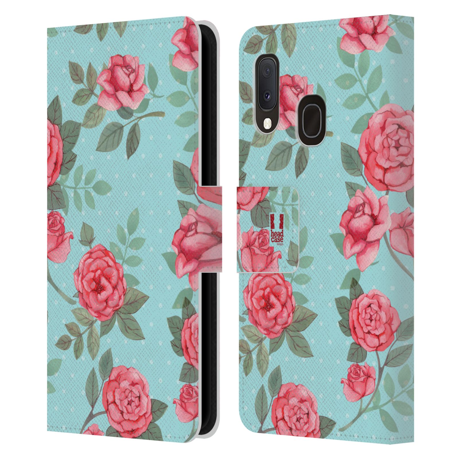 Pouzdro na mobil Samsung Galaxy A20e romantické květy velké růže modrá a růžová