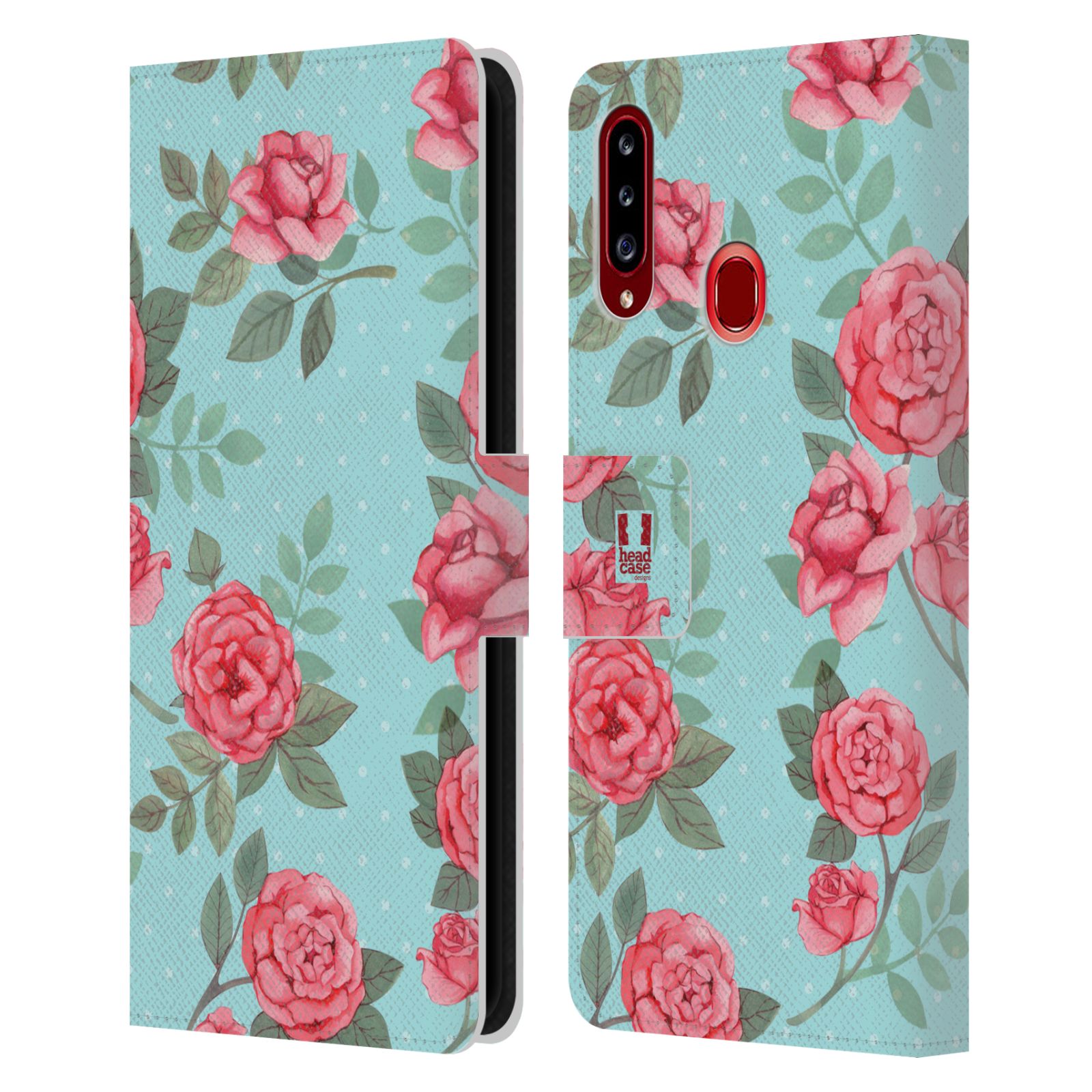 HEAD CASE Flipové pouzdro pro mobil Samsung Galaxy A20s romantické květy velké růže modrá a růžová