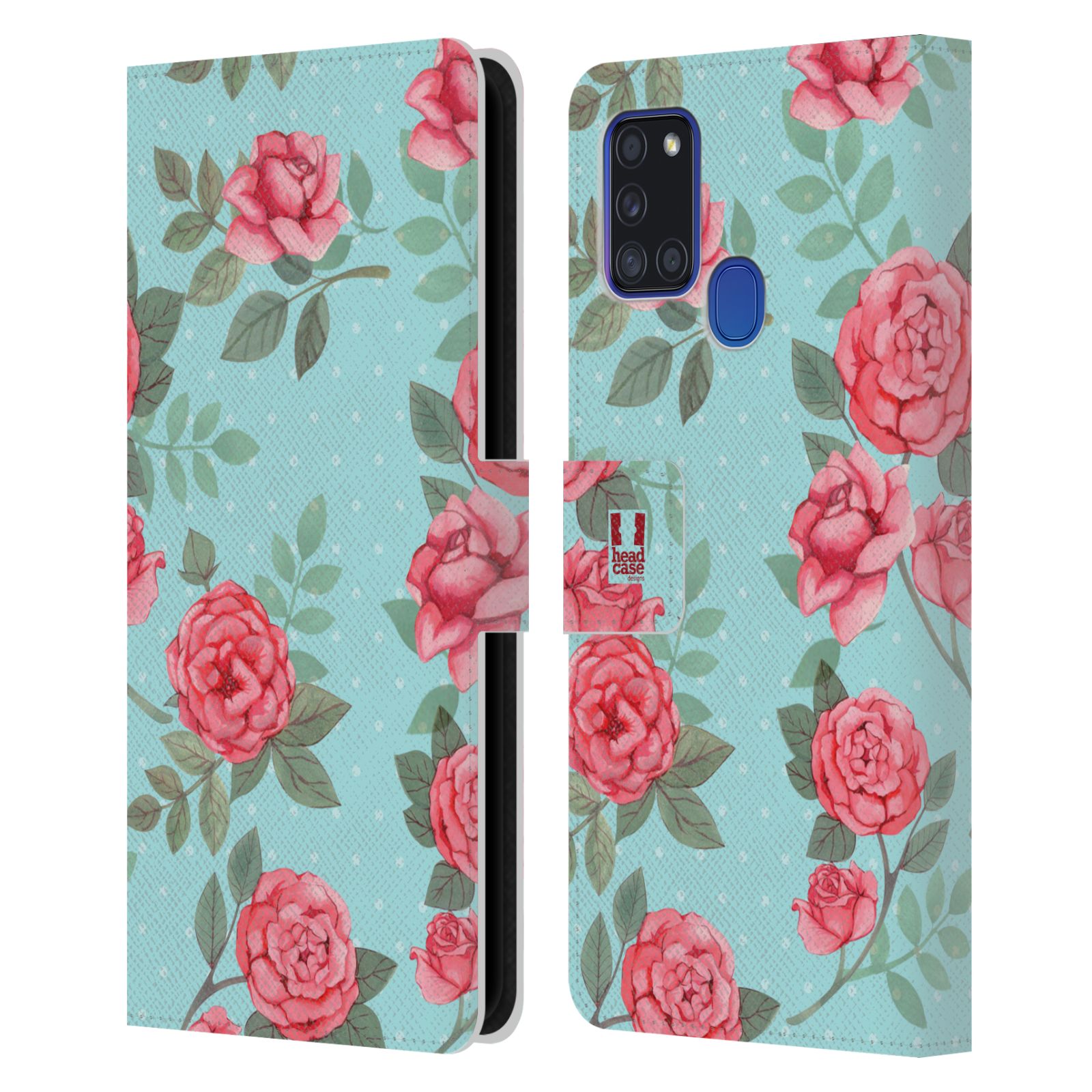 HEAD CASE Flipové pouzdro pro mobil Samsung Galaxy A21s romantické květy velké růže modrá a růžová