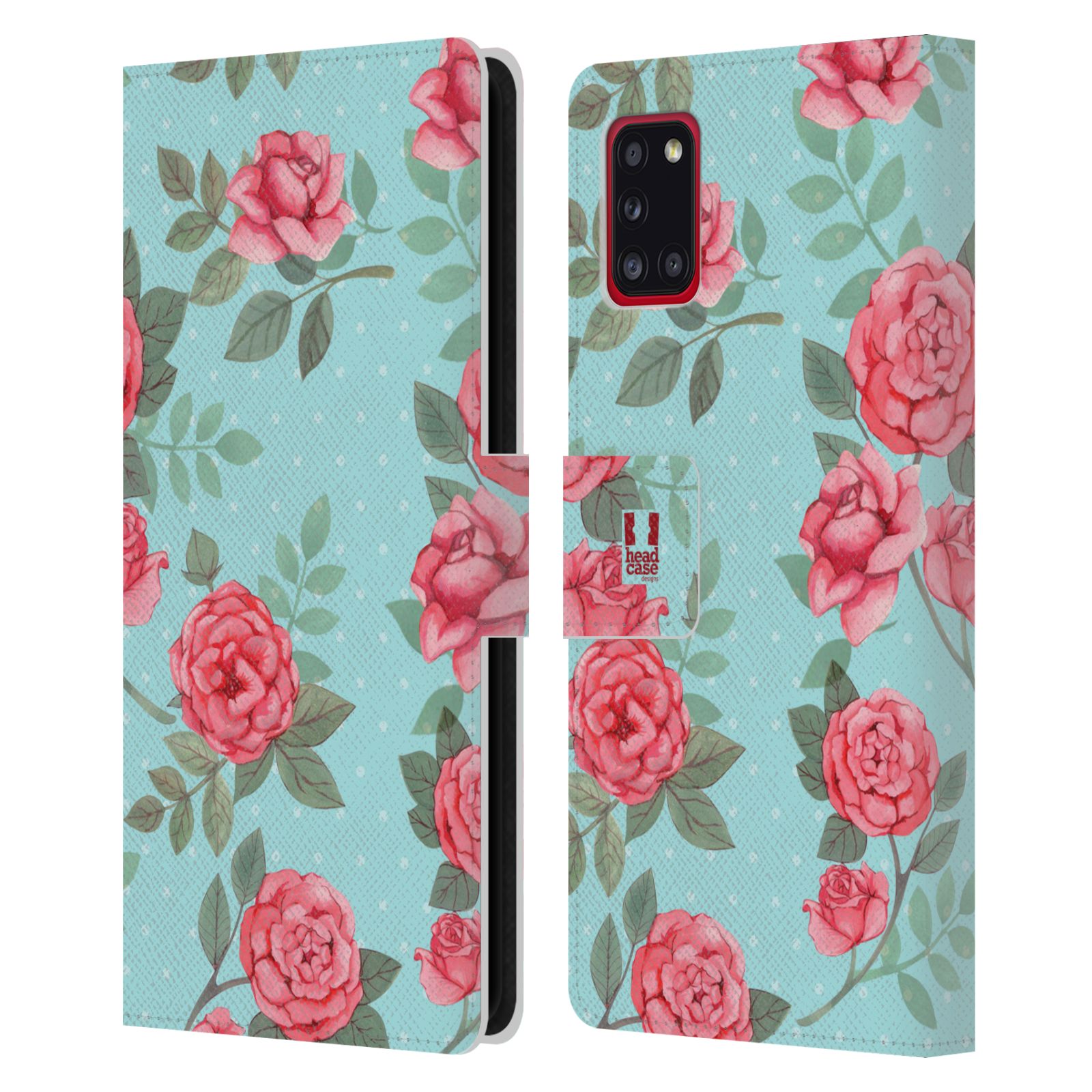 Pouzdro HEAD CASE na mobil Samsung Galaxy A31 romantické květy velké růže modrá a růžová
