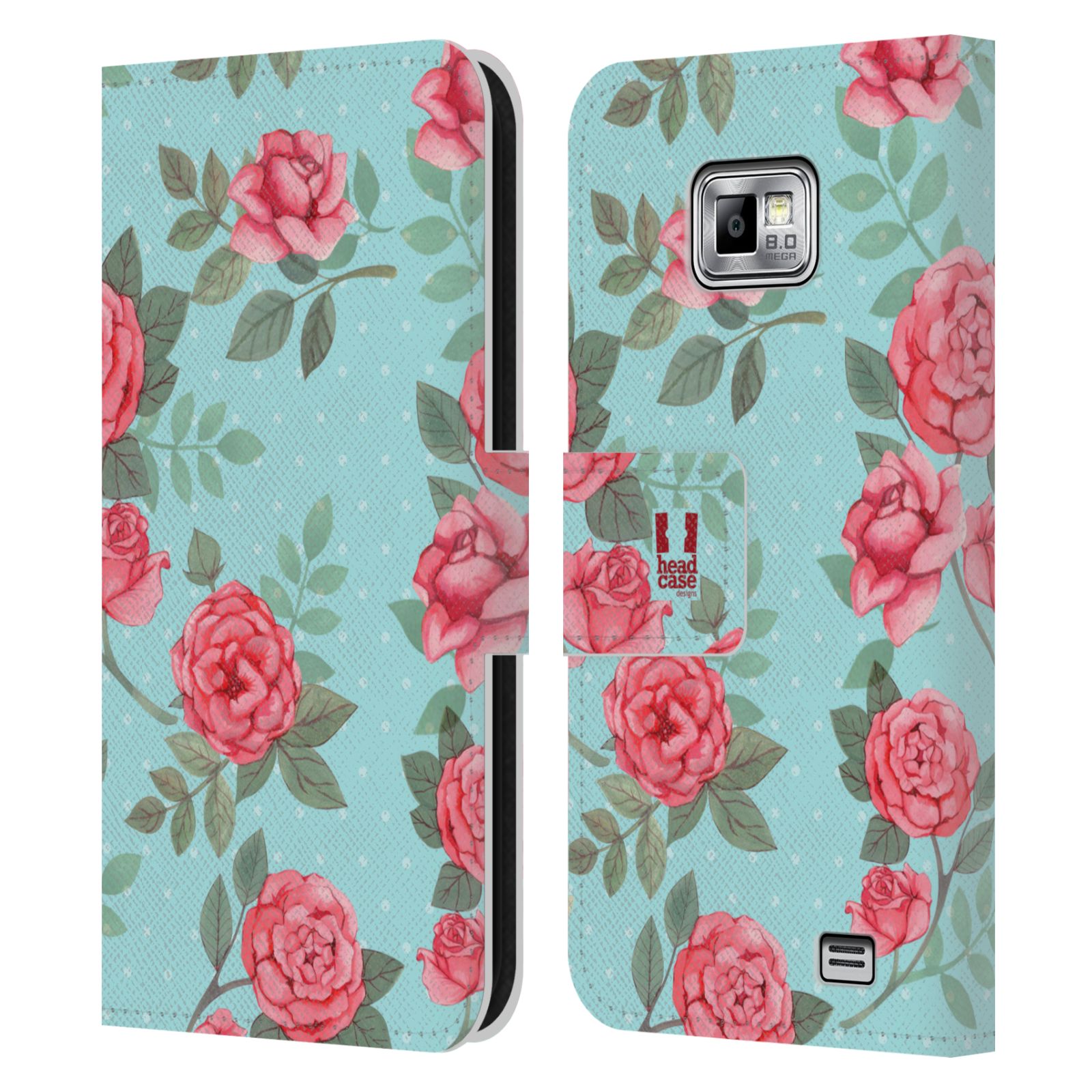 HEAD CASE Flipové pouzdro pro mobil Samsung Galaxy S2 i9100 romantické květy velké růže modrá a růžová