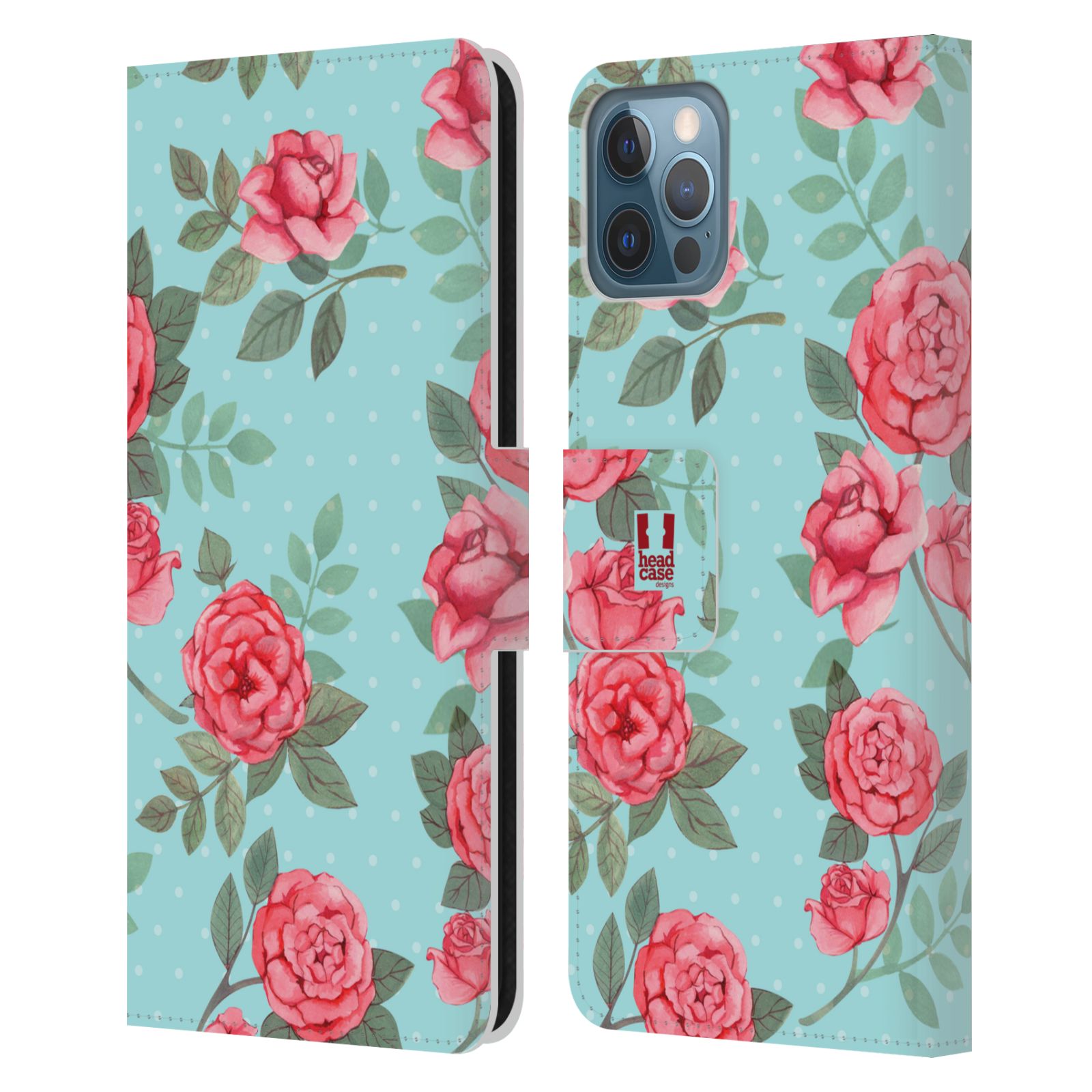 HEAD CASE Flipové pouzdro pro mobil Apple Iphone 12 / Iphone 12 PRO romantické květy velké růže modrá a růžová