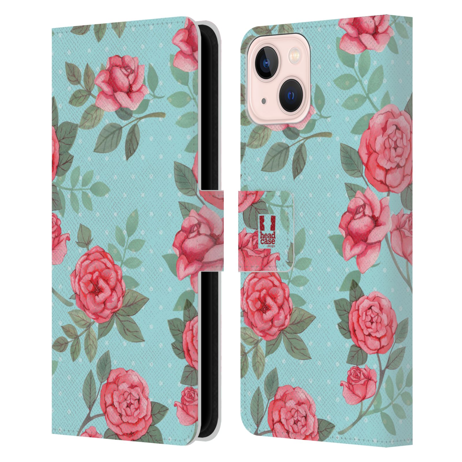 Pouzdro HEAD CASE na mobil Apple Iphone 13 romantické květy velké růže modrá a růžová
