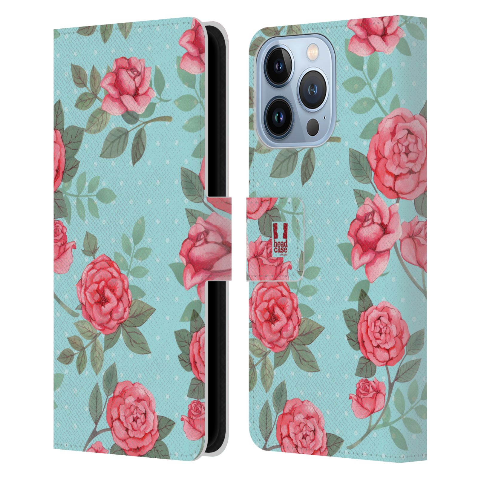 Pouzdro HEAD CASE na mobil Apple Iphone 13 PRO romantické květy velké růže modrá a růžová