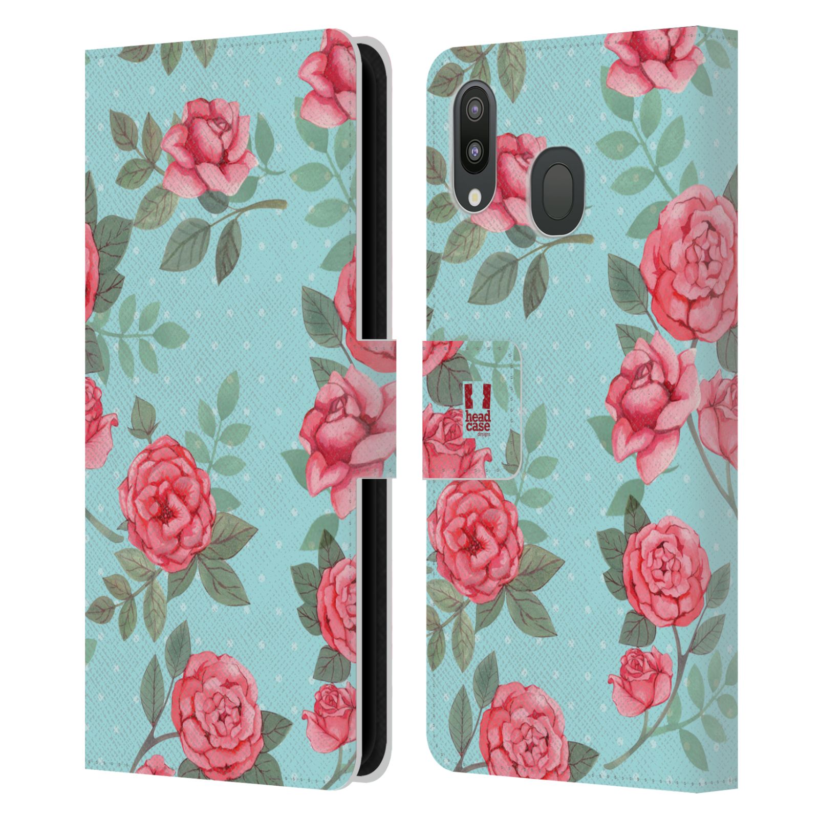 Pouzdro na mobil Samsung Galaxy M20 romantické květy velké růže modrá a růžová