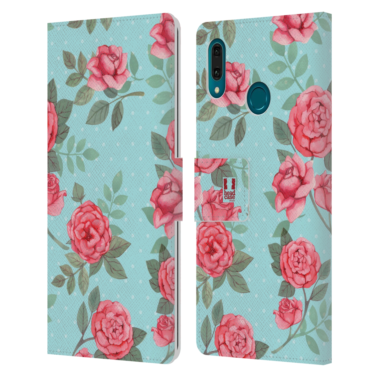 Pouzdro na mobil Huawei Y9 2019 romantické květy velké růže modrá a růžová