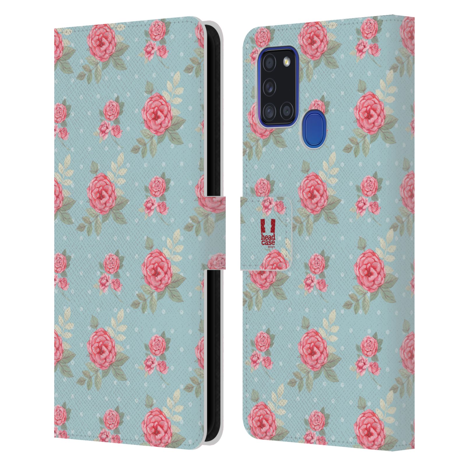 HEAD CASE Flipové pouzdro pro mobil Samsung Galaxy A21s romantické květy anglické růže modrá a růžová