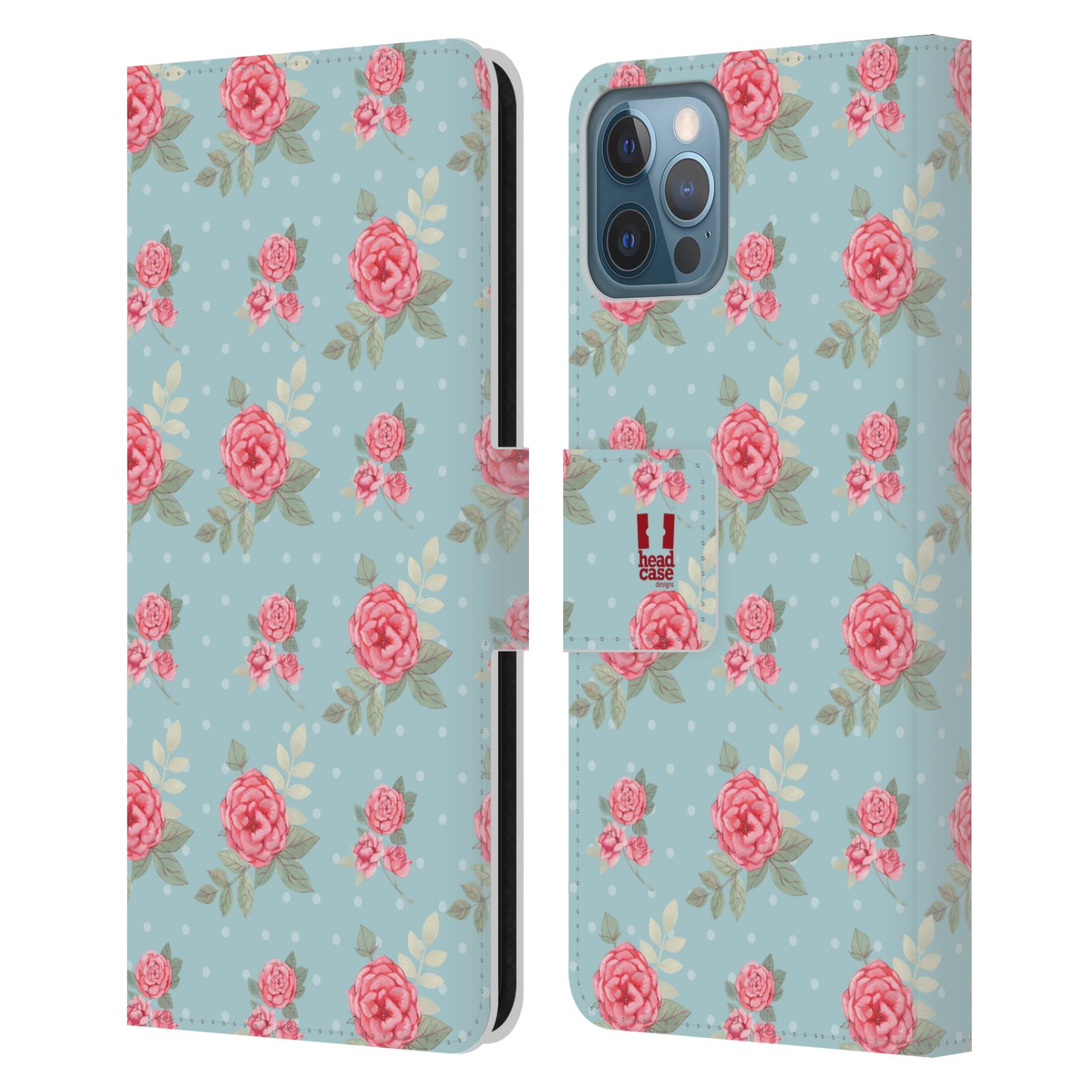 HEAD CASE Flipové pouzdro pro mobil Apple Iphone 12 / Iphone 12 PRO romantické květy anglické růže modrá a růžová