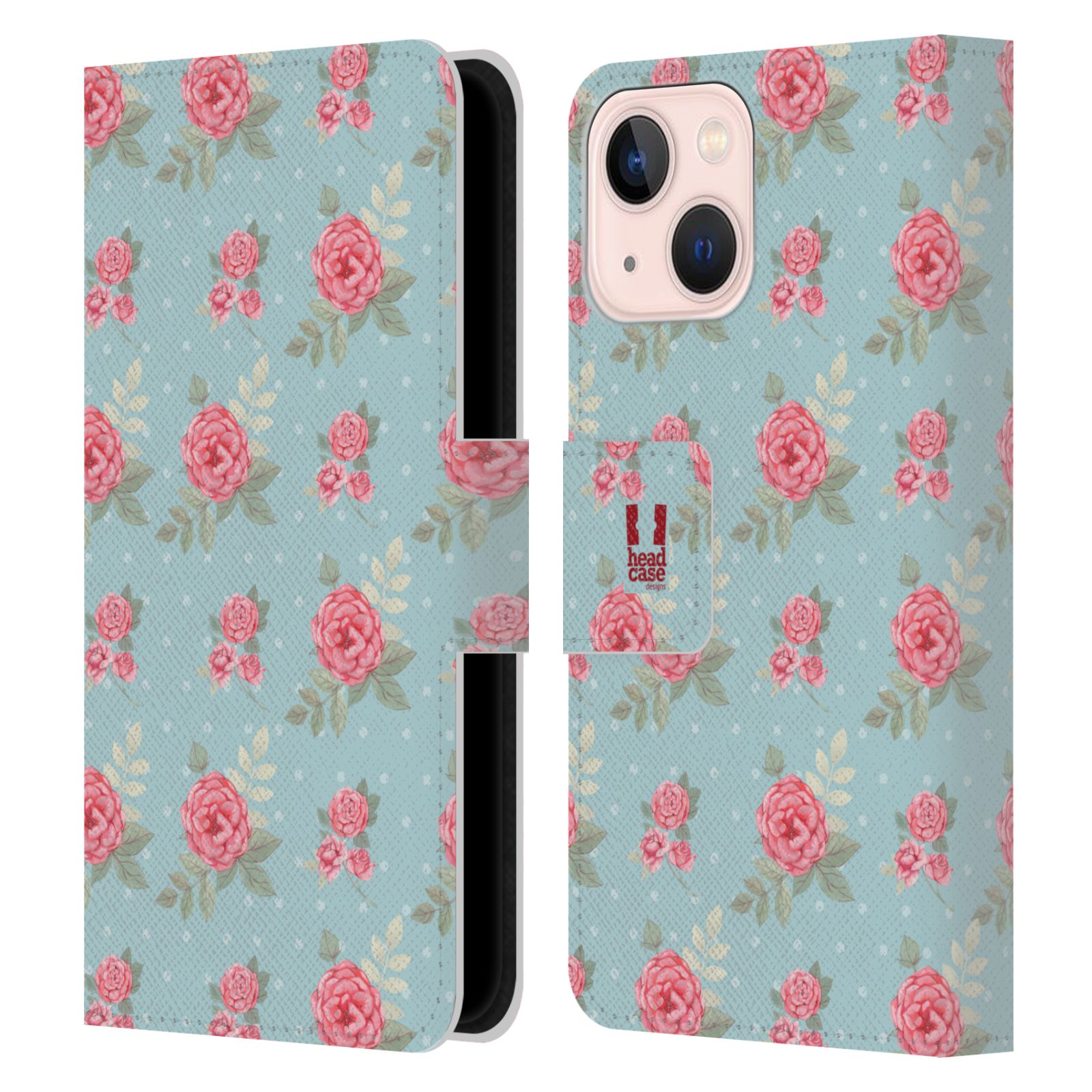 Pouzdro HEAD CASE na mobil Apple Iphone 13 MINI romantické květy anglické růže modrá a růžová
