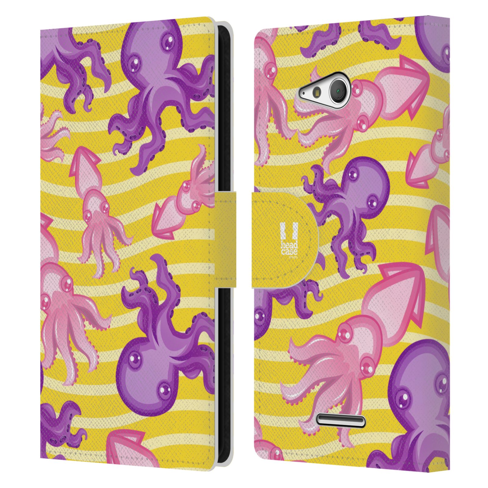 HEAD CASE Flipové pouzdro pro mobil SONY XPERIA E4g Mořský živočich chobotnice a krakatice žlutá barva