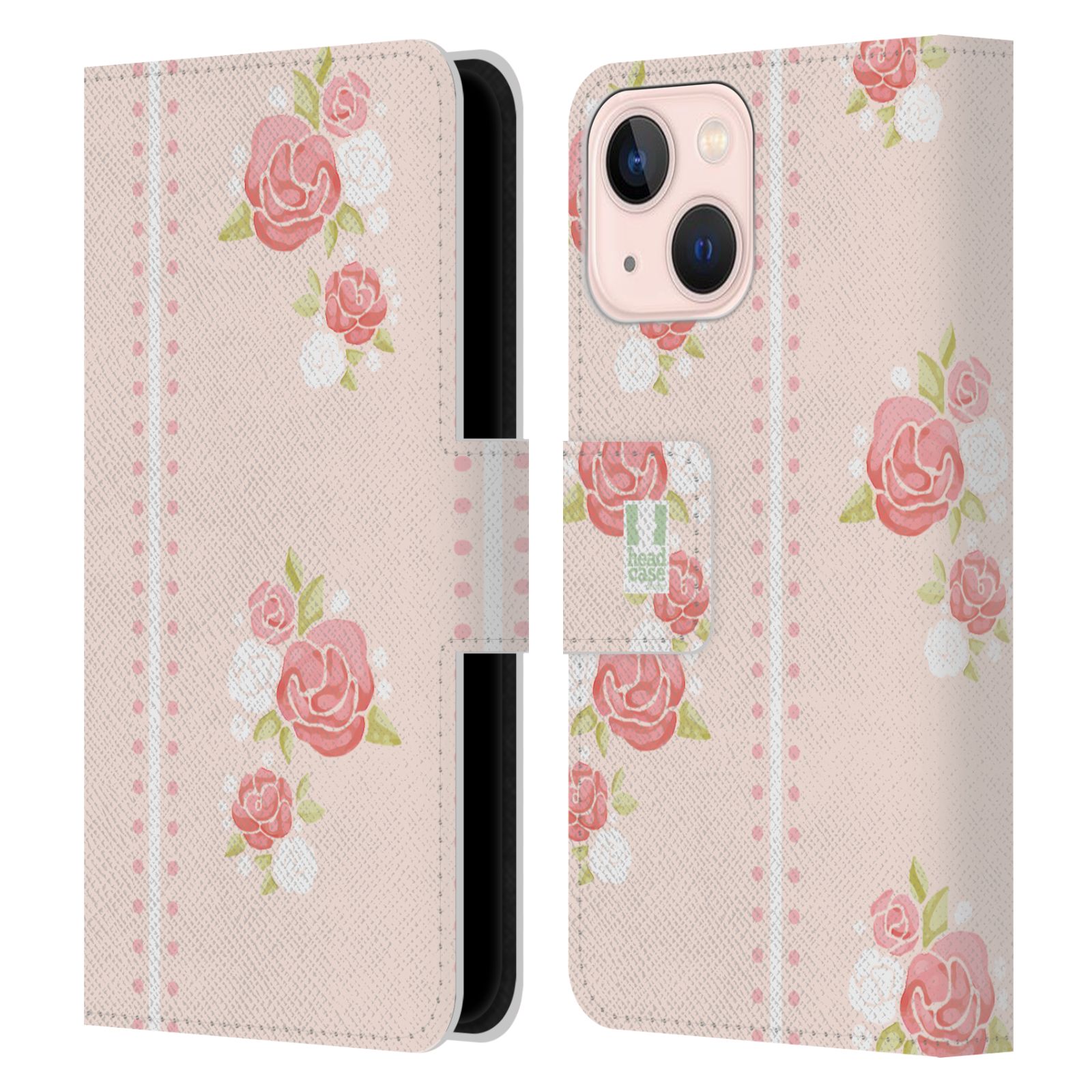 Pouzdro HEAD CASE na mobil Apple Iphone 13 MINI Francouzský venkov pruhy a růže růžová barva